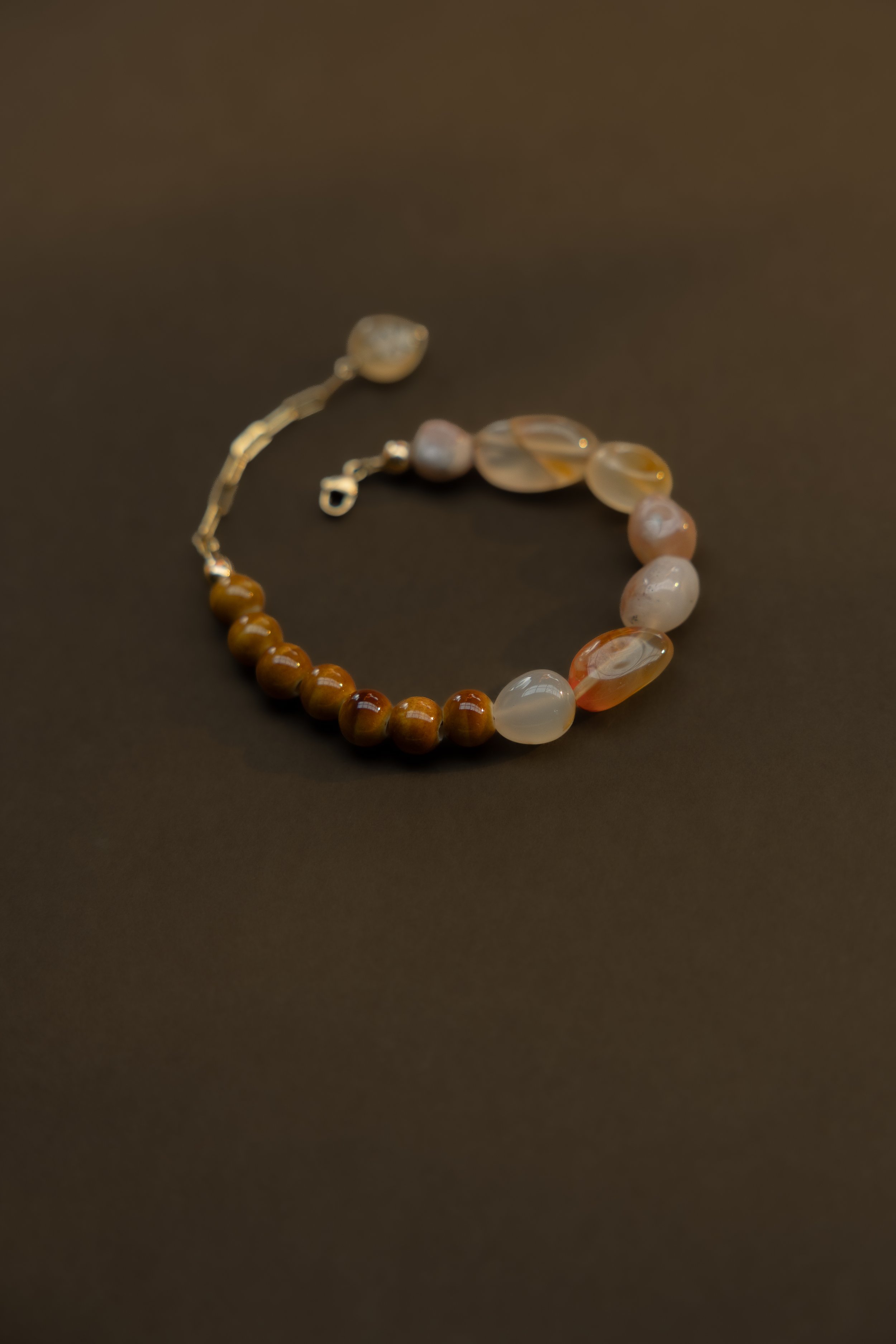 Clay &amp; Sunlight Collection. Handmade amber ceramic beads paired with citrine and pink sunstone gemstones. Finished with 14ct gold filled findings. Ochre Jewellery, handmade Byron Bay.