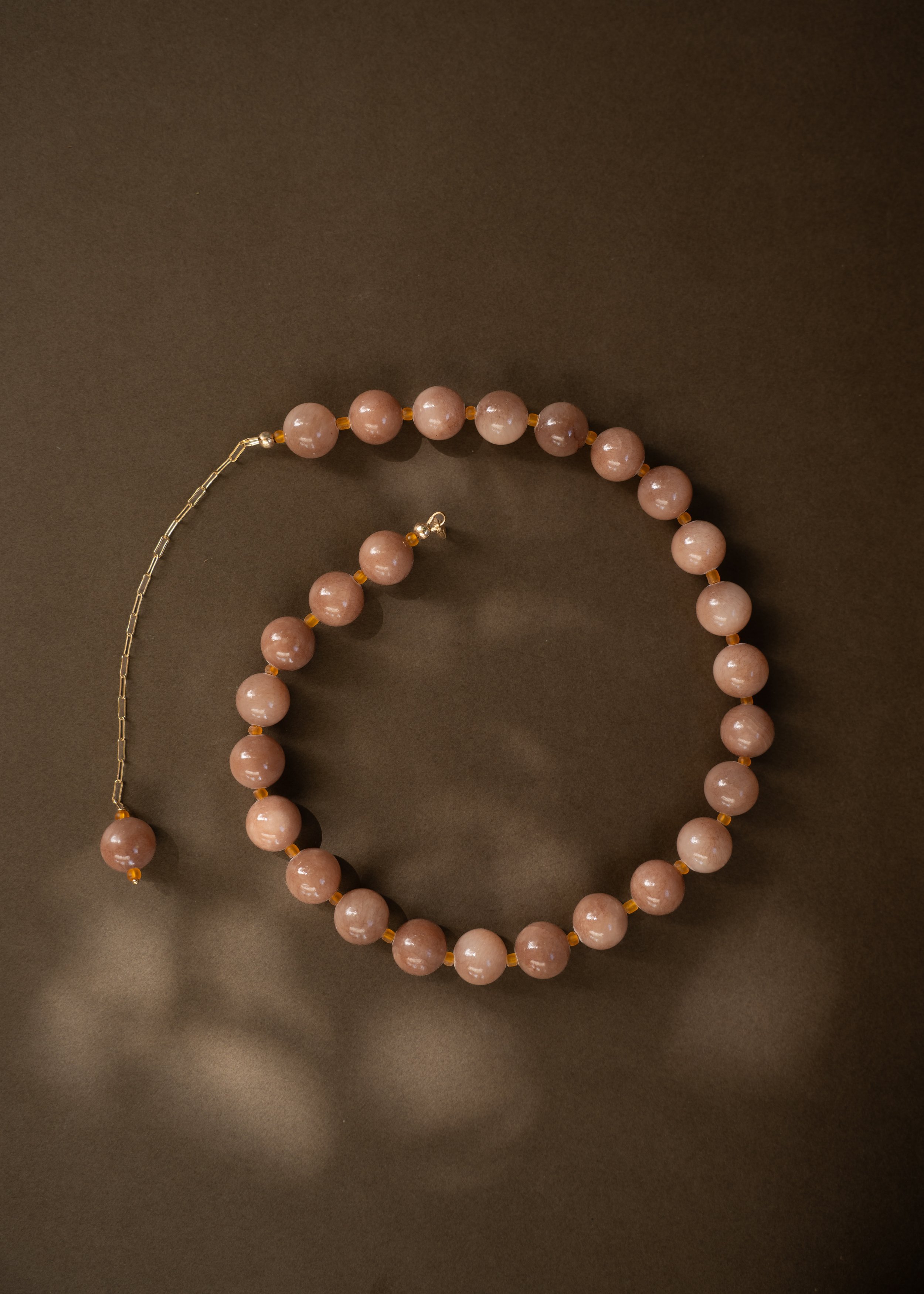 Clay &amp; Sunlight Collection. Handmade amber ceramic beads paired with citrine and pink sunstone gemstones. Finished with 14ct gold filled findings. Ochre Jewellery, handmade Byron Bay.