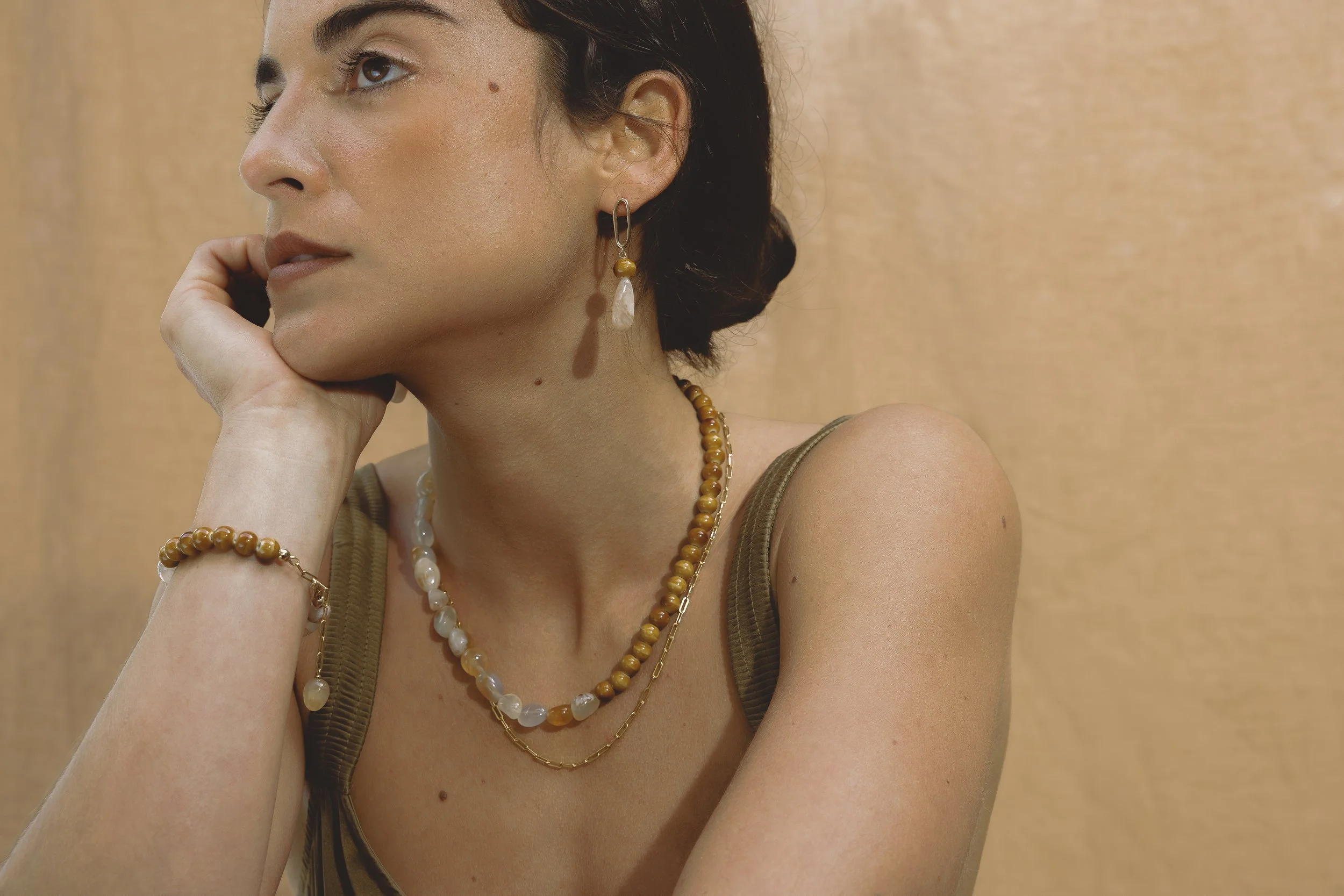 Clay & Sunlight Necklace. Warm amber ceramic beads meet irregular citrine gemstone beads. Finished with 14ct gold filled findings. Ochre Jewellery, handmade Byron Bay.