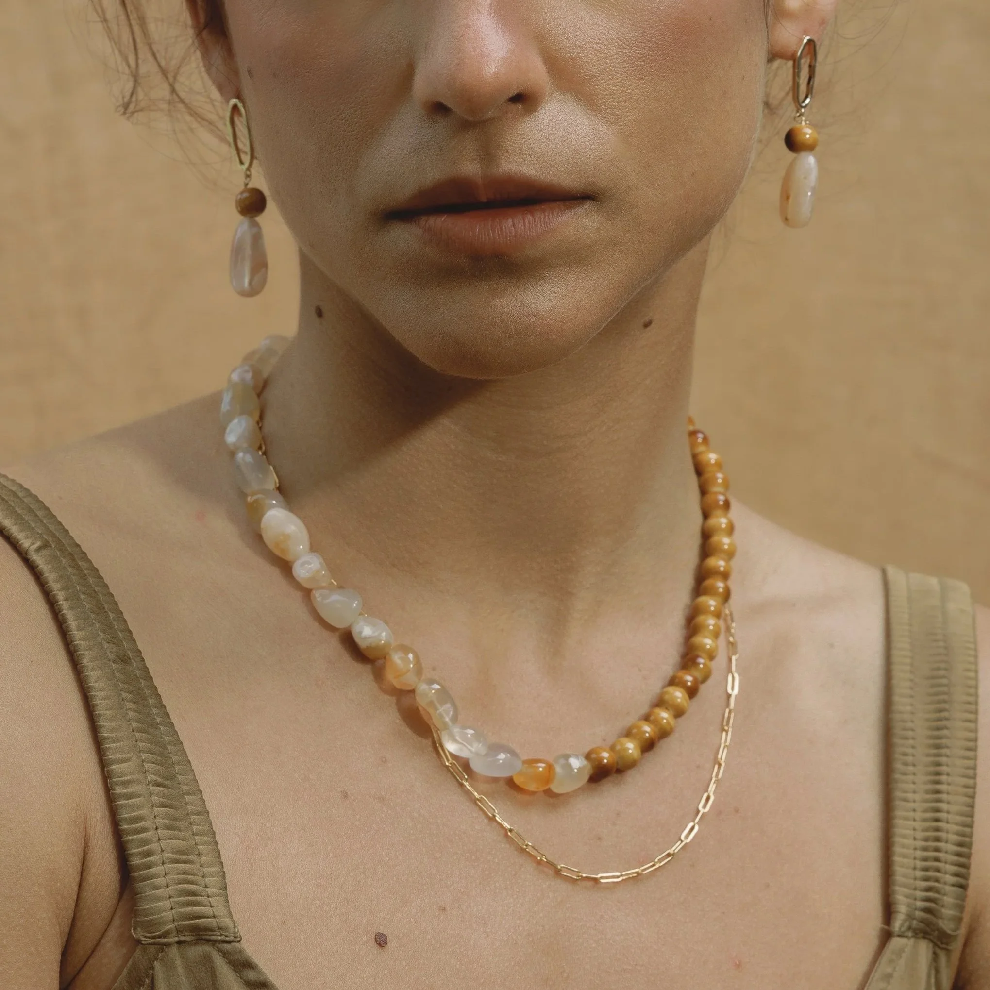 Clay & Sunlight Necklace. Warm amber ceramic beads meet irregular citrine gemstone beads. Finished with 14ct gold filled findings. Ochre Jewellery, handmade Byron Bay.