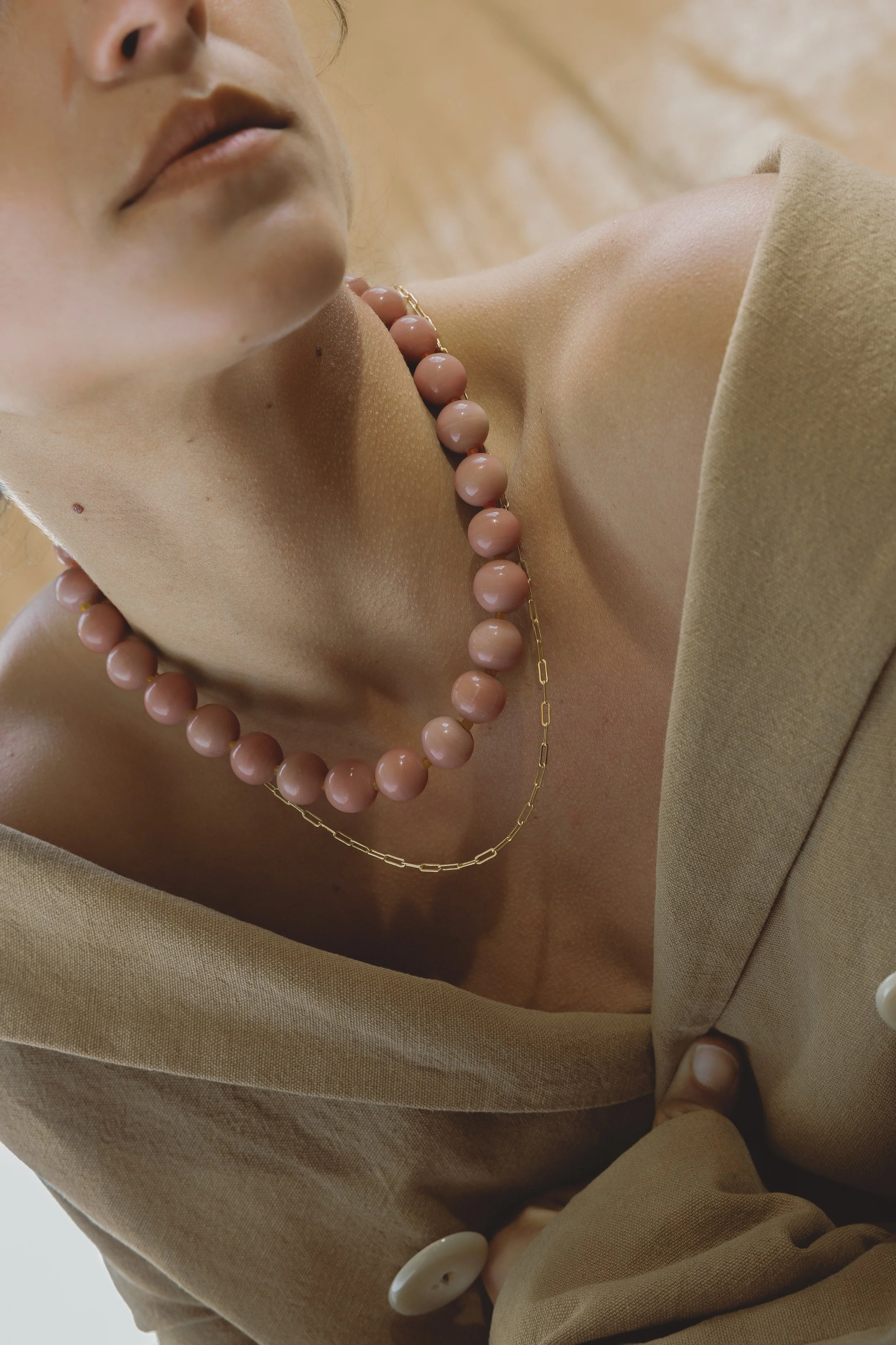 Sunstone Necklace. Large, glossy pink sunstone gemstone beads spaced with citrine. Finished with 14ct gold filled findings. Ochre Jewellery, handmade Byron Bay.