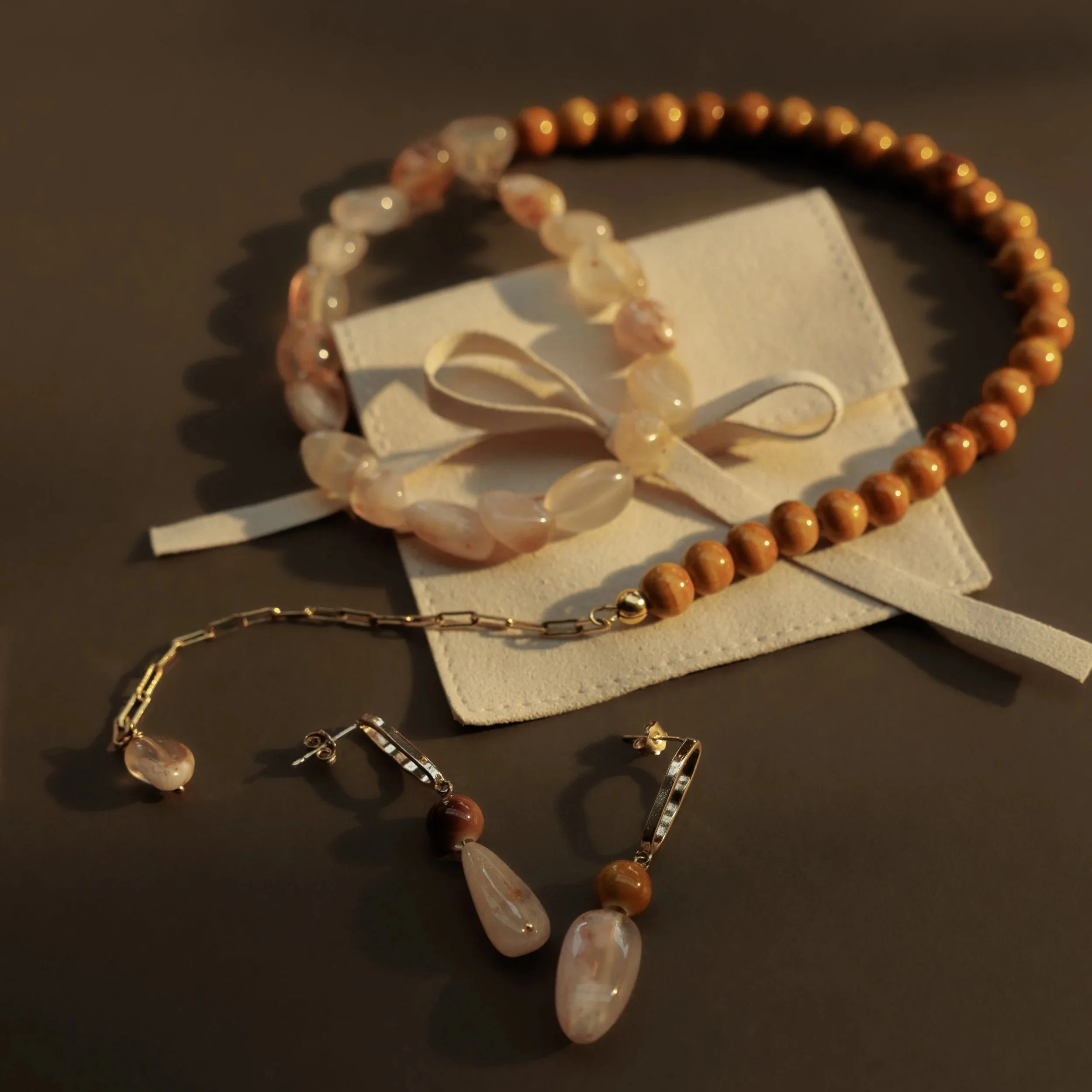 Clay & Sunlight Necklace. Warm amber ceramic beads meet irregular citrine gemstone beads. Finished with 14ct gold filled findings. Ochre Jewellery, handmade Byron Bay.