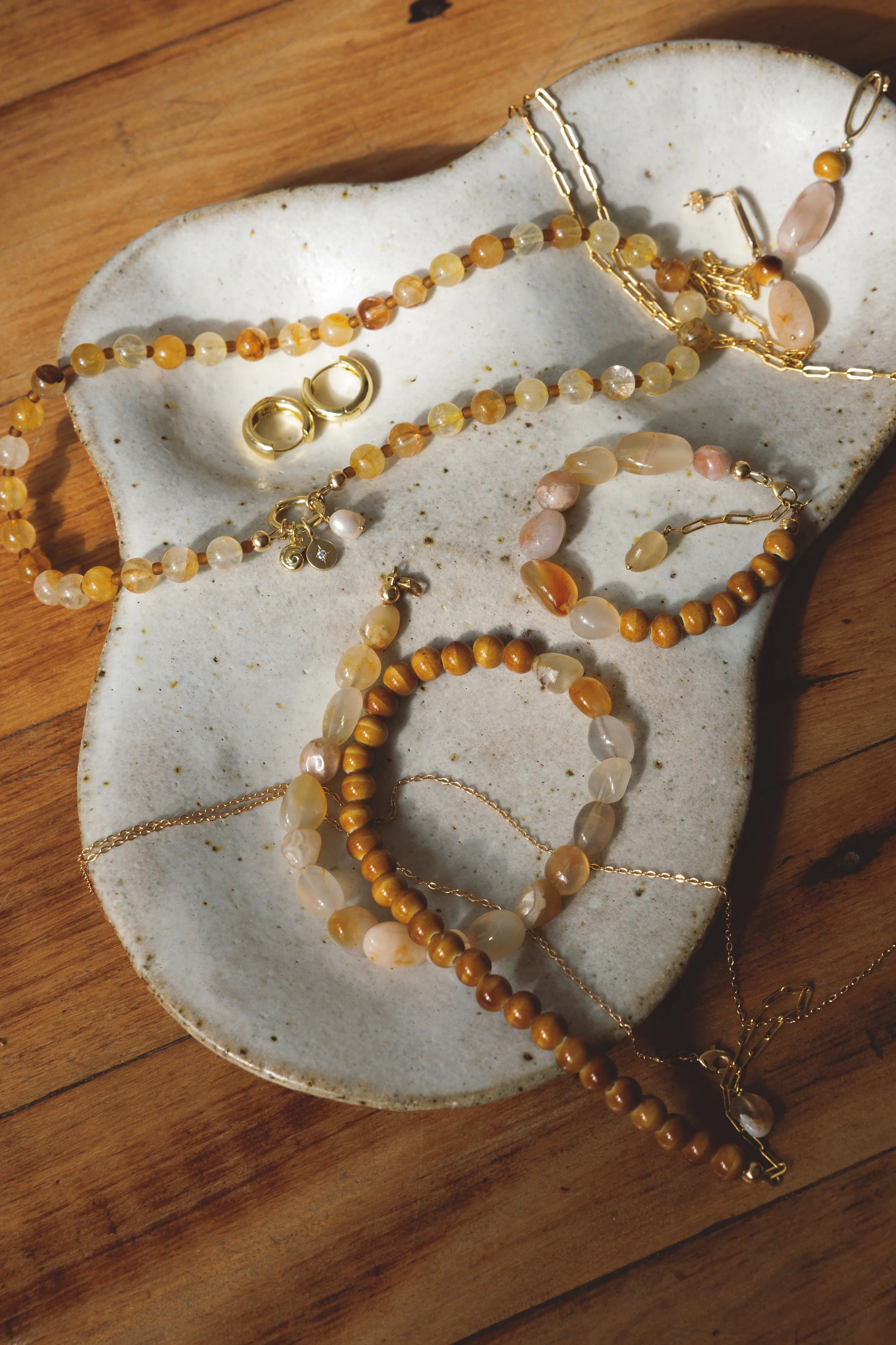 Clay & Sunlight Necklace. Warm amber ceramic beads meet irregular citrine gemstone beads. Finished with 14ct gold filled findings. Ochre Jewellery, handmade Byron Bay.