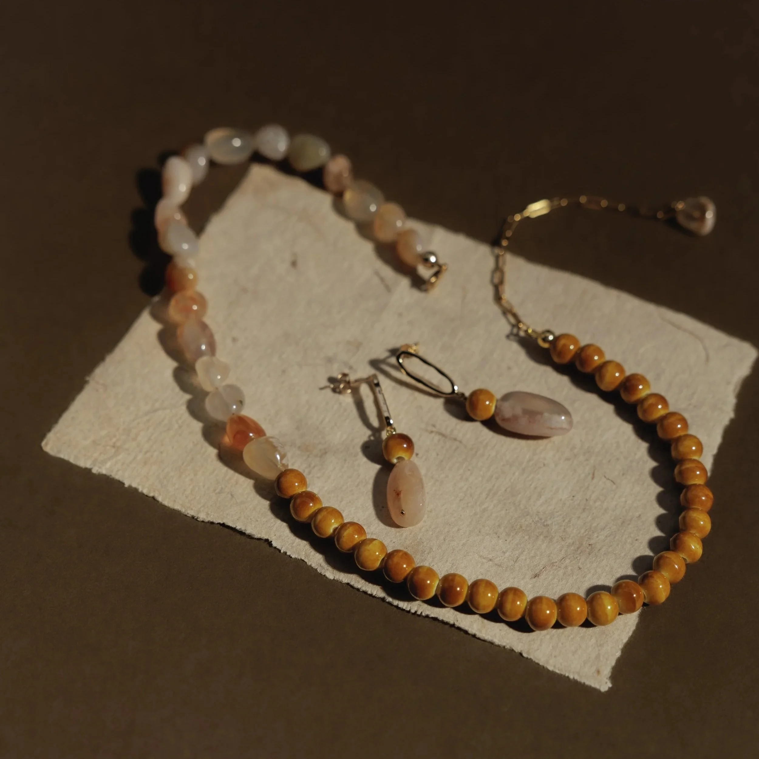Clay & Sun Drop Stud Earrings. Amber ceramic beads and citrine gemstone beads on a delicate stud. Finished with 14ct gold filled findings. Ochre Jewellery, handmade Byron Bay