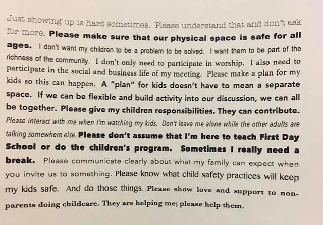 A great piece put together by @quakeremily about what parents want. Sometimes the question, &ldquo;why don&rsquo;t we have young families coming to our meeting?&rdquo; has answers that are hard for is to hear. It will require a cultural shift and buy