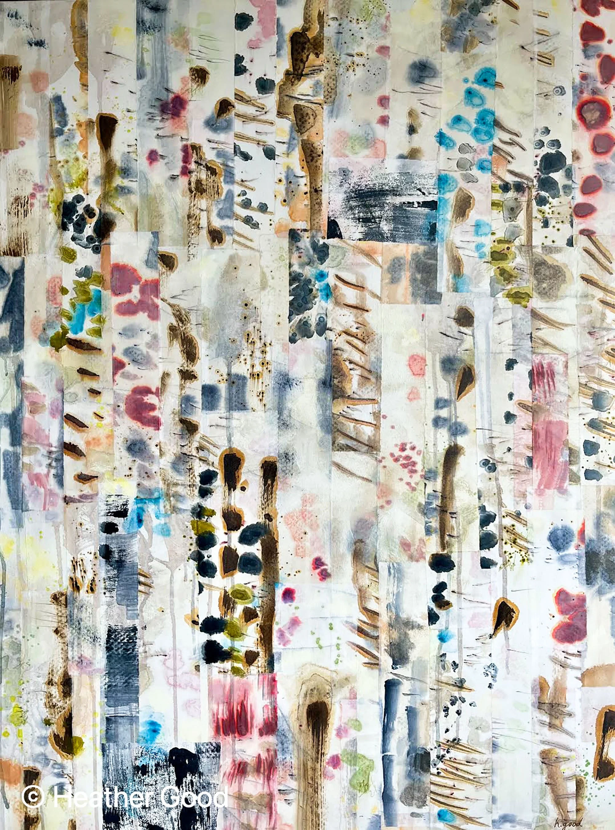 Spring Birches | Acrylic, watercolour, ink, and rice paper on canvas, 30x40 inches  INQUIRE 