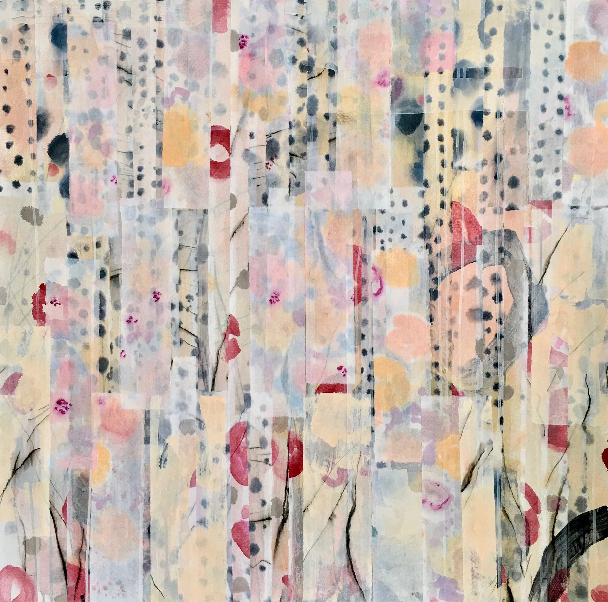 Subtle, Still | Acrylic, watercolour, ink, and rice paper on canvas, 36x36 inches SOLD
