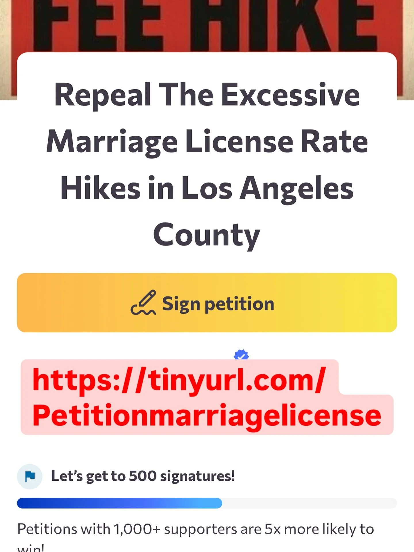 Please sign and share this petition to stop LA County from this outrageous price hike!

Link in bio 

https://tinyurl.com/Petitionmarriagelicense

#losangeles #wedding