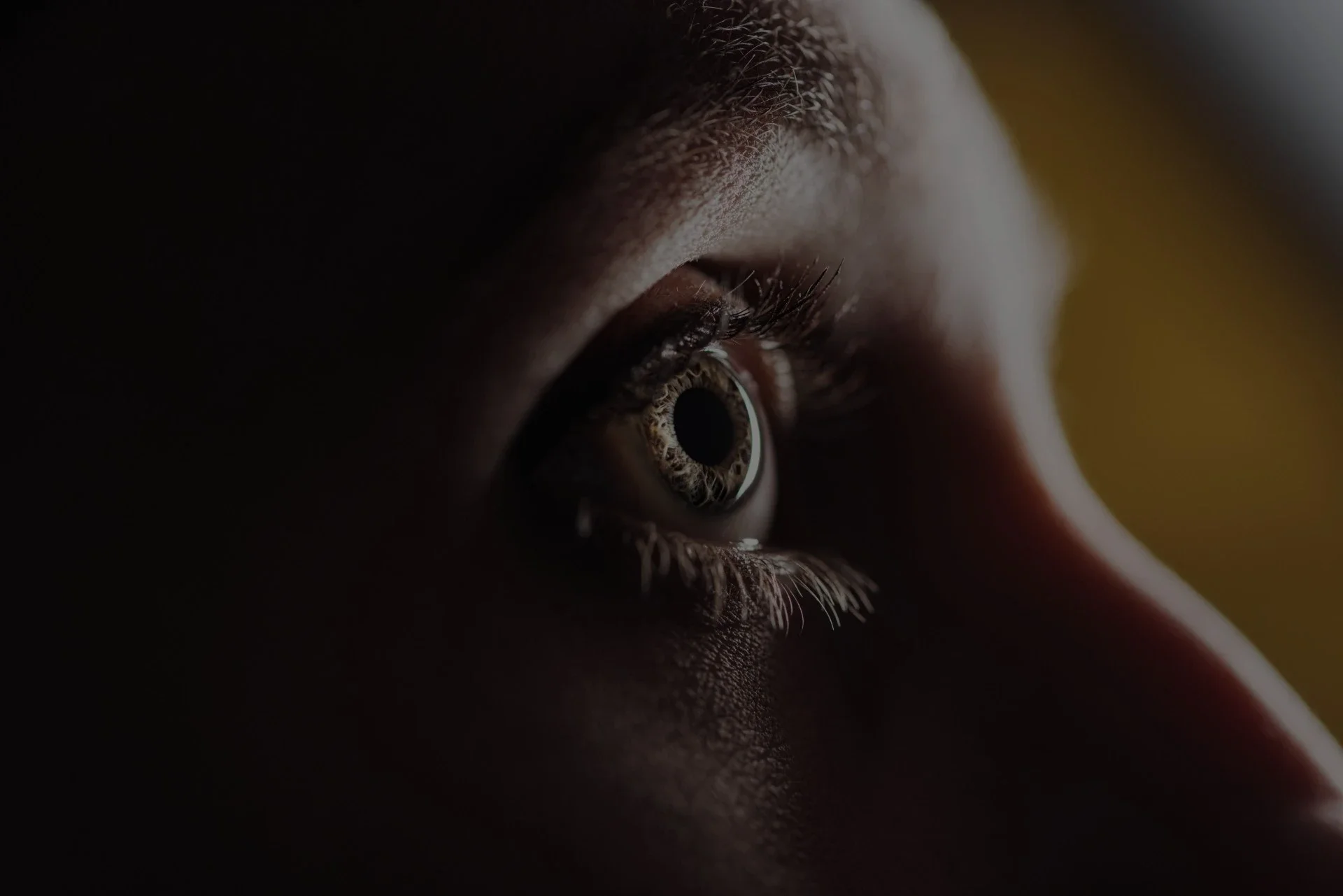 A close-up of a human eye showing the light brown iris, dilated pupil, eyelashes, and detailed skin texture around the eye.webp