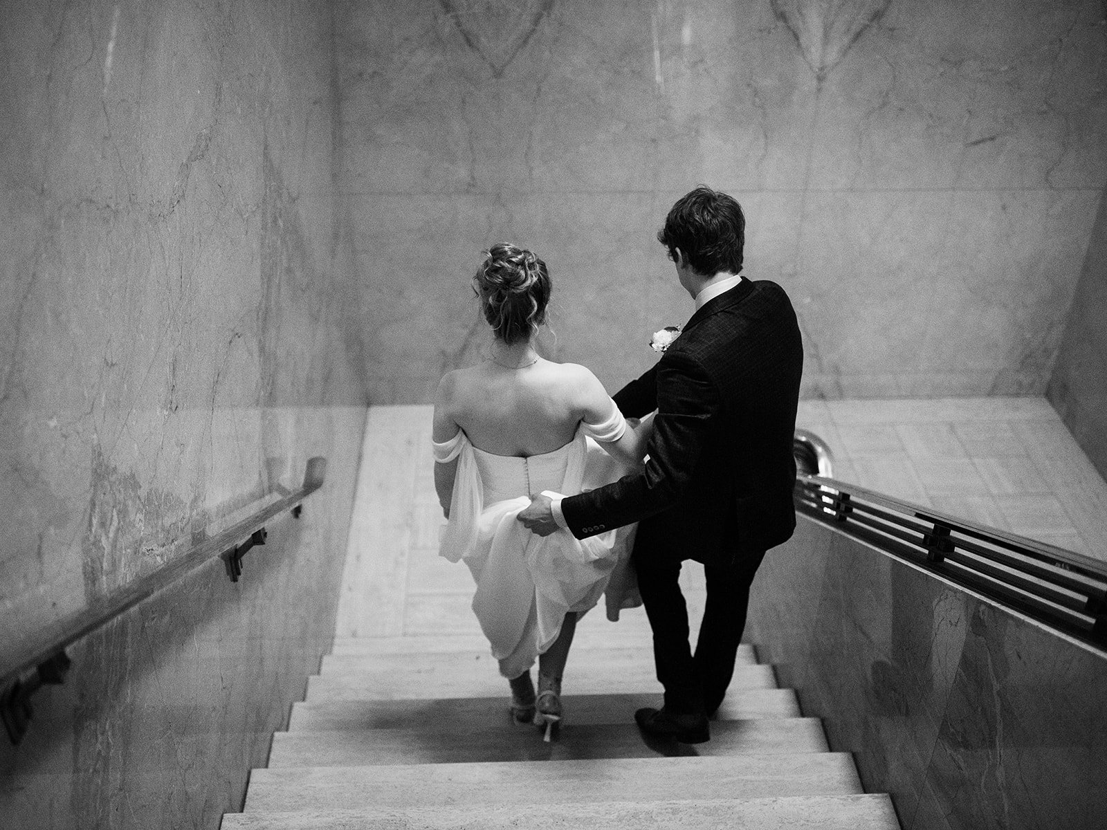 Black and White photo of Bride and groom on wedding day at Ramsey County Courthouse elopement