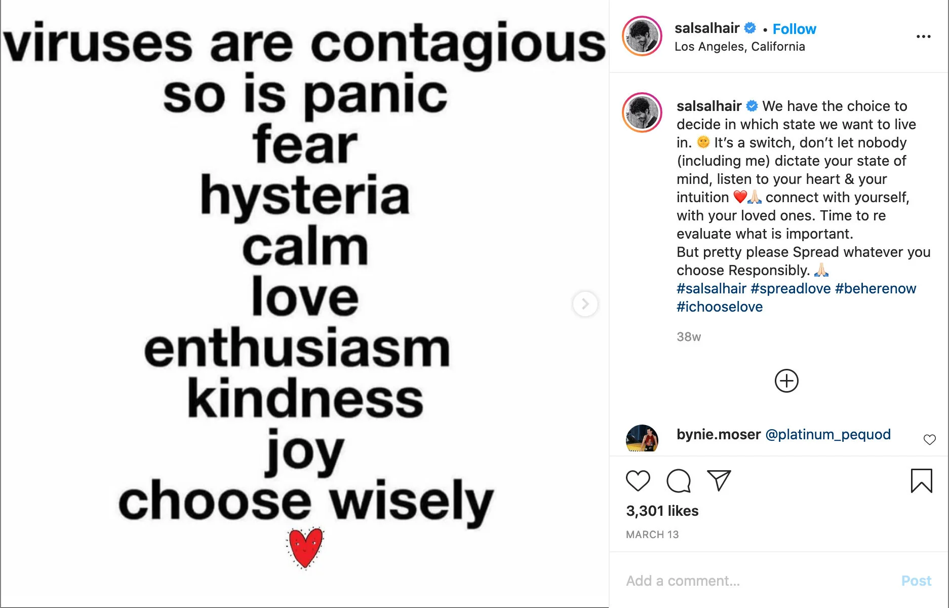 borderline suggesting that love and positivity can overcome the panic brought on by a global pandemic