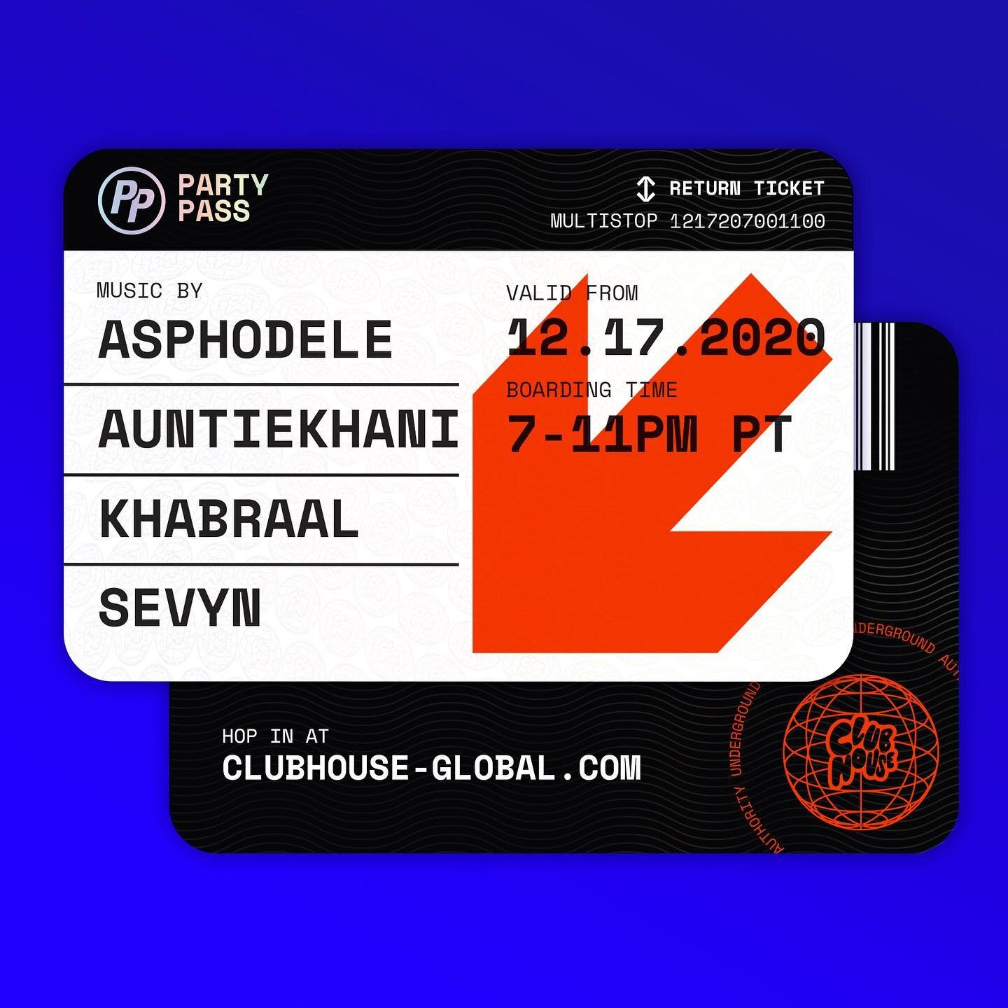 Your return ticket is ready. Party Pass is back to Club House Global. 🎫 
Thursday 7-11pm PT ft @asphodele___ @bae_blade @khabraal @indigosevyn at twitch.tv/clubhouse_global