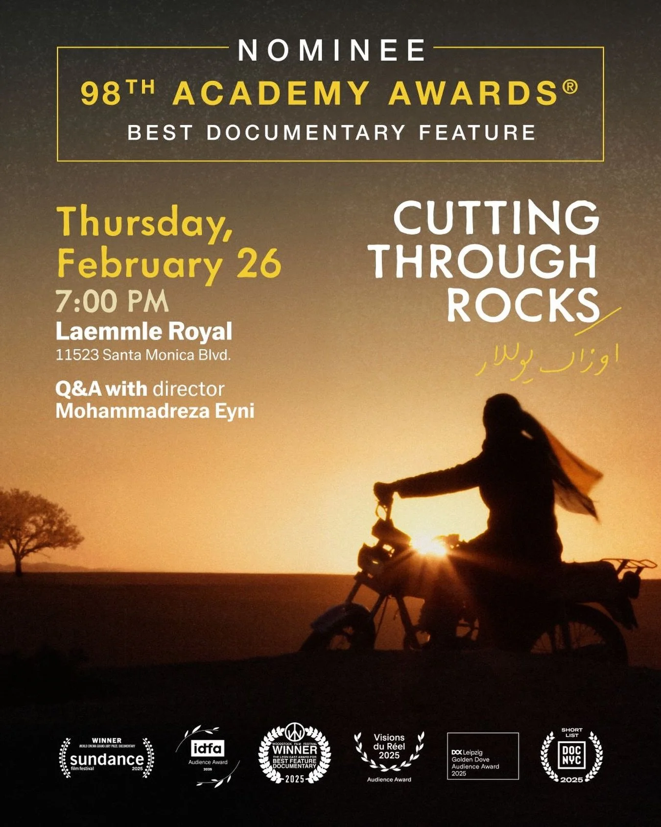 LOS ANGELES! We&rsquo;ve just announced a screening of CUTTING THROUGH ROCKS at @laemmle_royal this Thursday at 7 PM featuring Q&amp;A with director Mohammadreza Eyni! 

This film is not available anywhere to stream, so don&rsquo;t miss your chance t