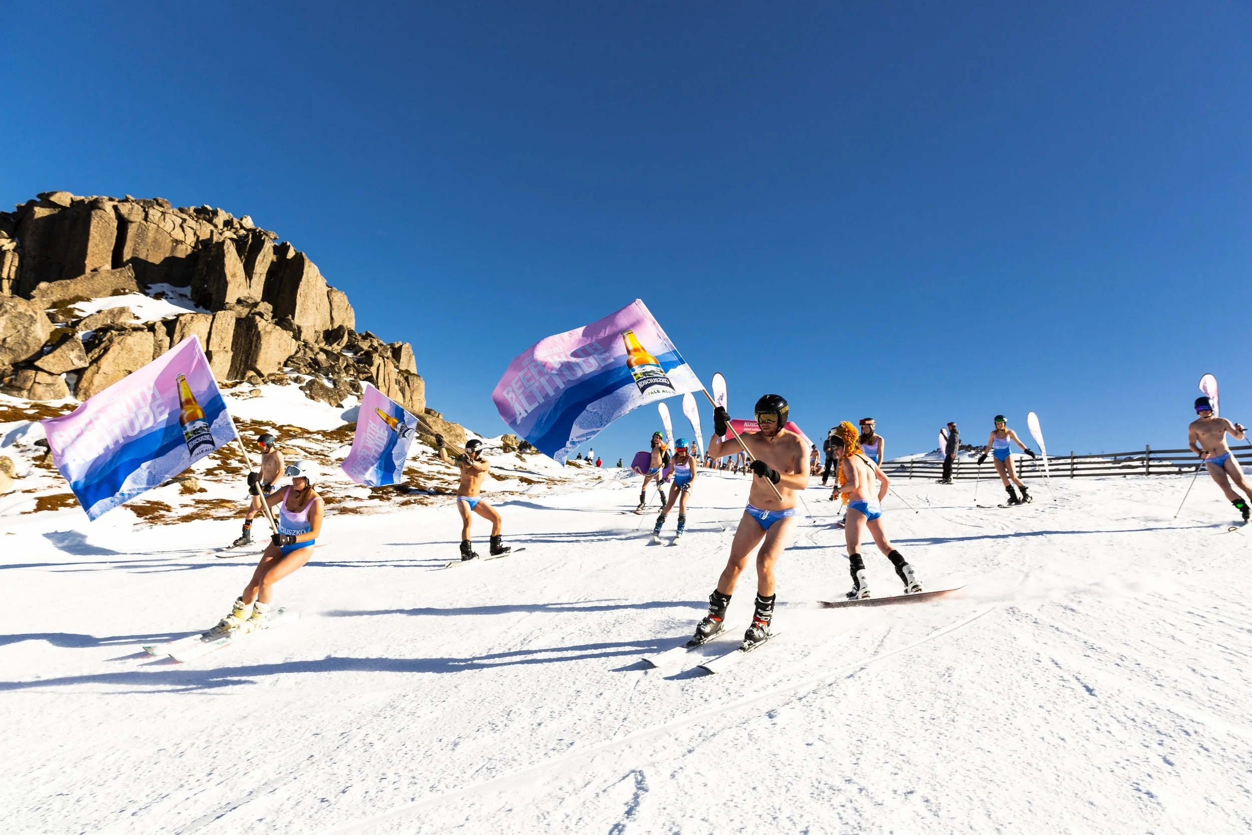  “Kosci in your Cossies” is an annual downhill event (followed by a big party) in the Kosciuszko National Park that’s enjoyed by hundreds of people who take to the mountain in freezing temperatures wearing a bathing costume.  