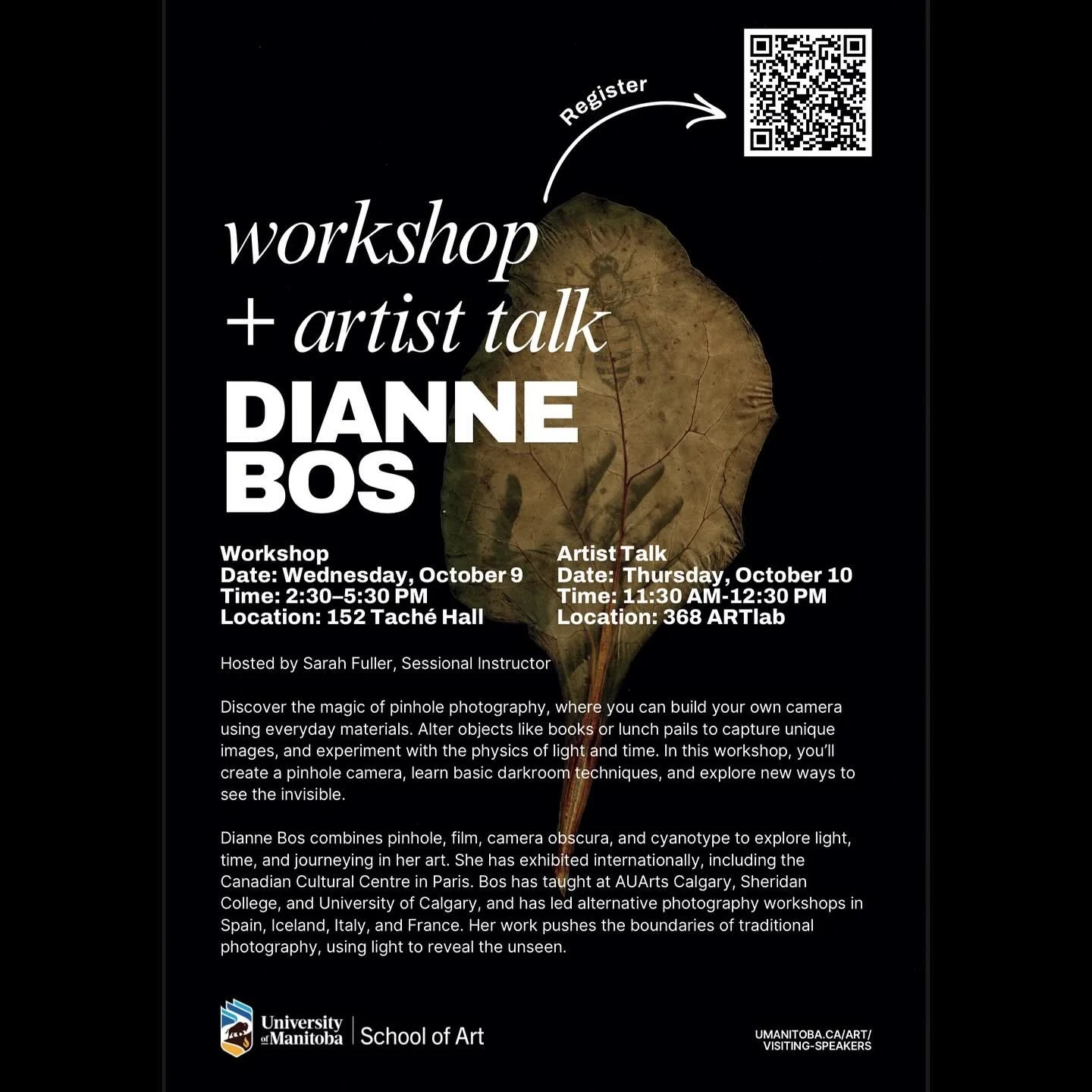 @umanitoba Fine Arts welcomes Diane Bos to talk about #pinholephotography October 10th. (Oct 9 is only open to students) This is special Winnipeg!