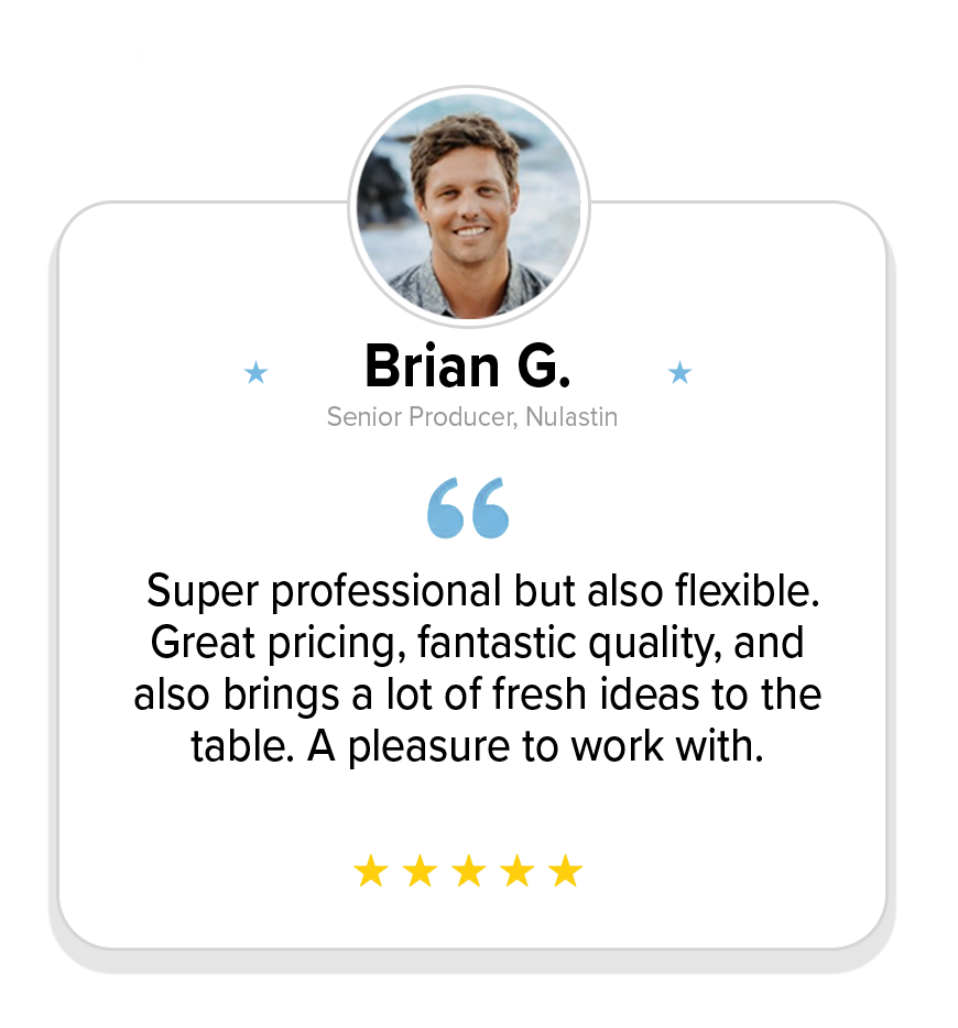 Testimonial card featuring a male profile picture at the top, name 'Brian G.', title 'Senior Producer, Nulastin,' a quote praising the professional and quality of service with a five-star rating below.