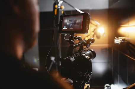 Person filming with a professional camera in a dark setting with warm lighting.