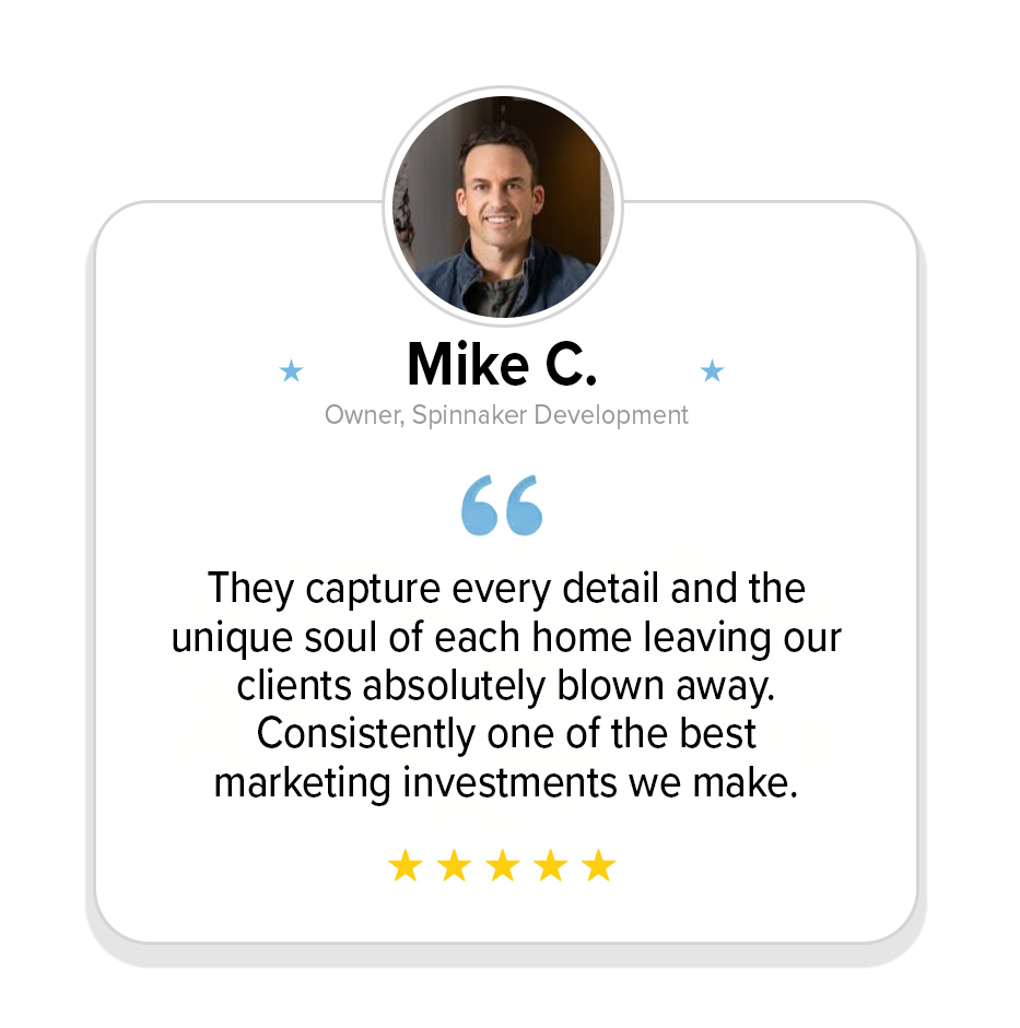 Testimonial for Mike C., owner of Spinnaker Development, praising their attention to detail and marketing investments, with a profile picture of a smiling man.