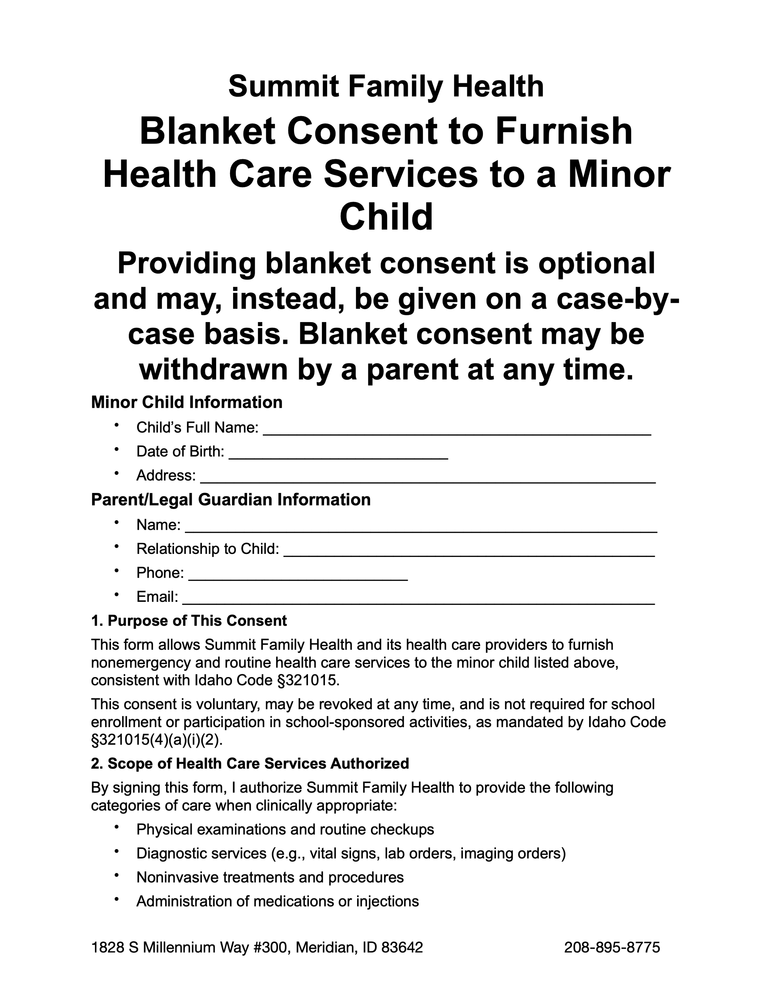 Blanket Consent to Furnish Health Care Services to a Minor
