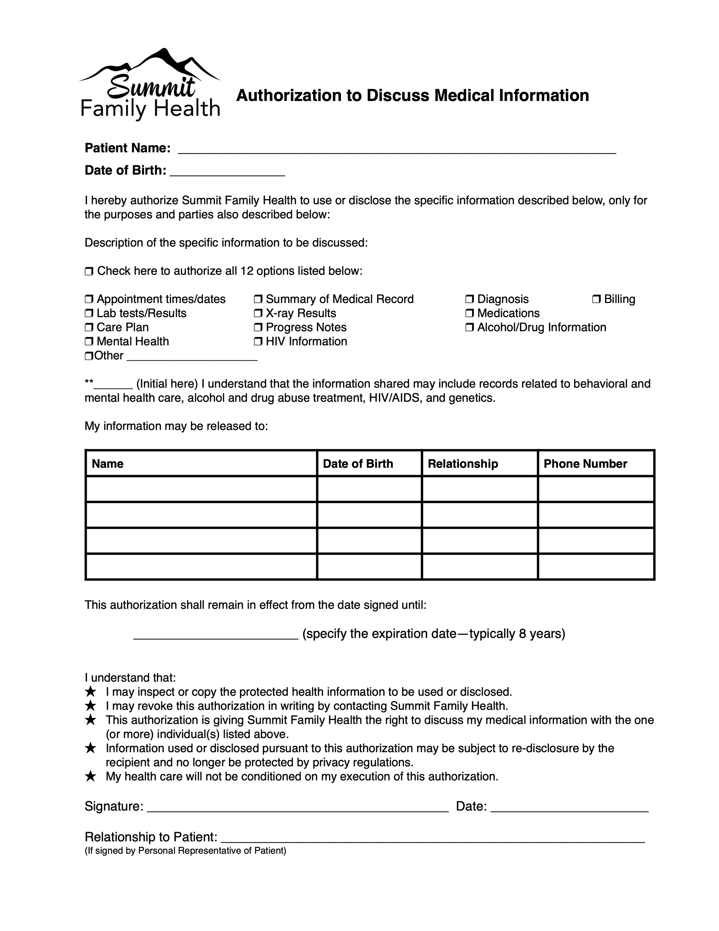 Authorization to Discuss Medical Information