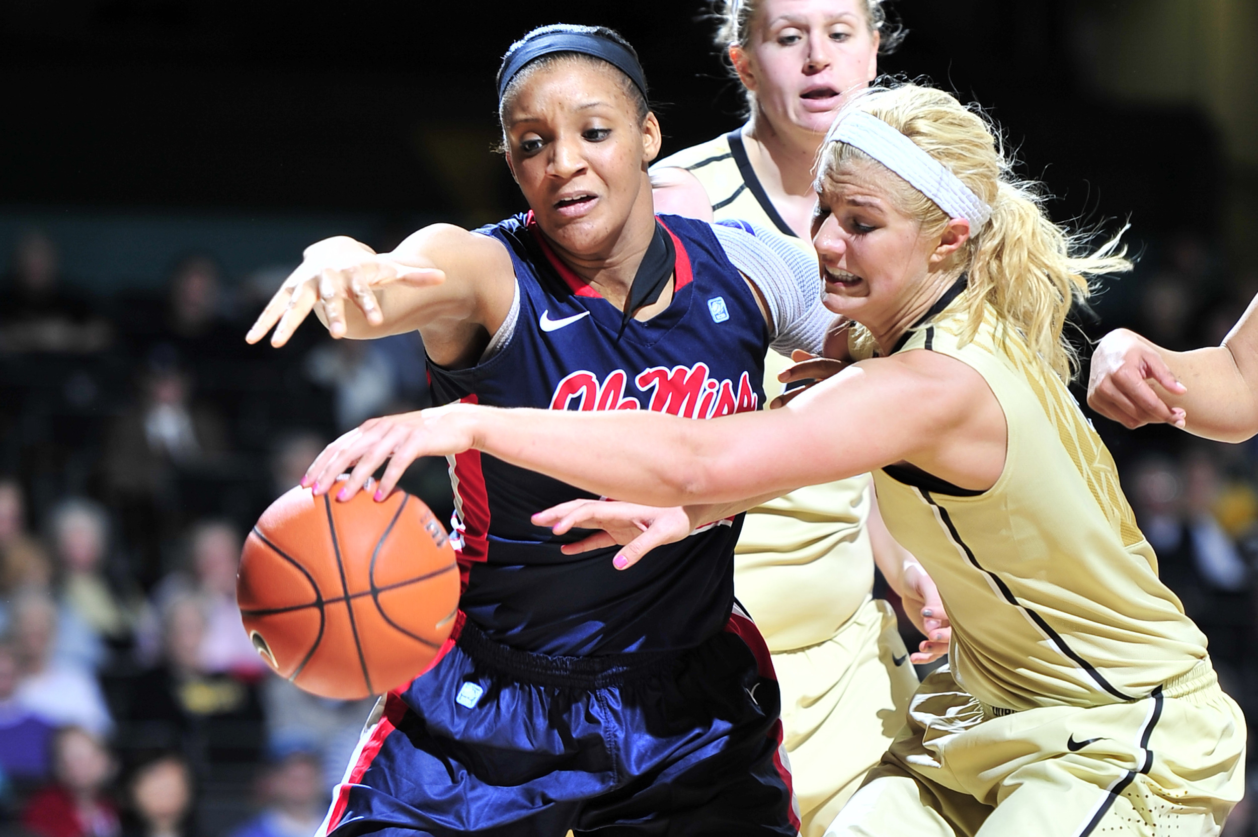  Vanderbilt Commodores forward Heather Bowe (3) and Mississippi Lady Rebels forward Monique Jackson (42) go for a loose ball at Memorial Gym Feb 3, 2013 in Nashville, Tenn. 