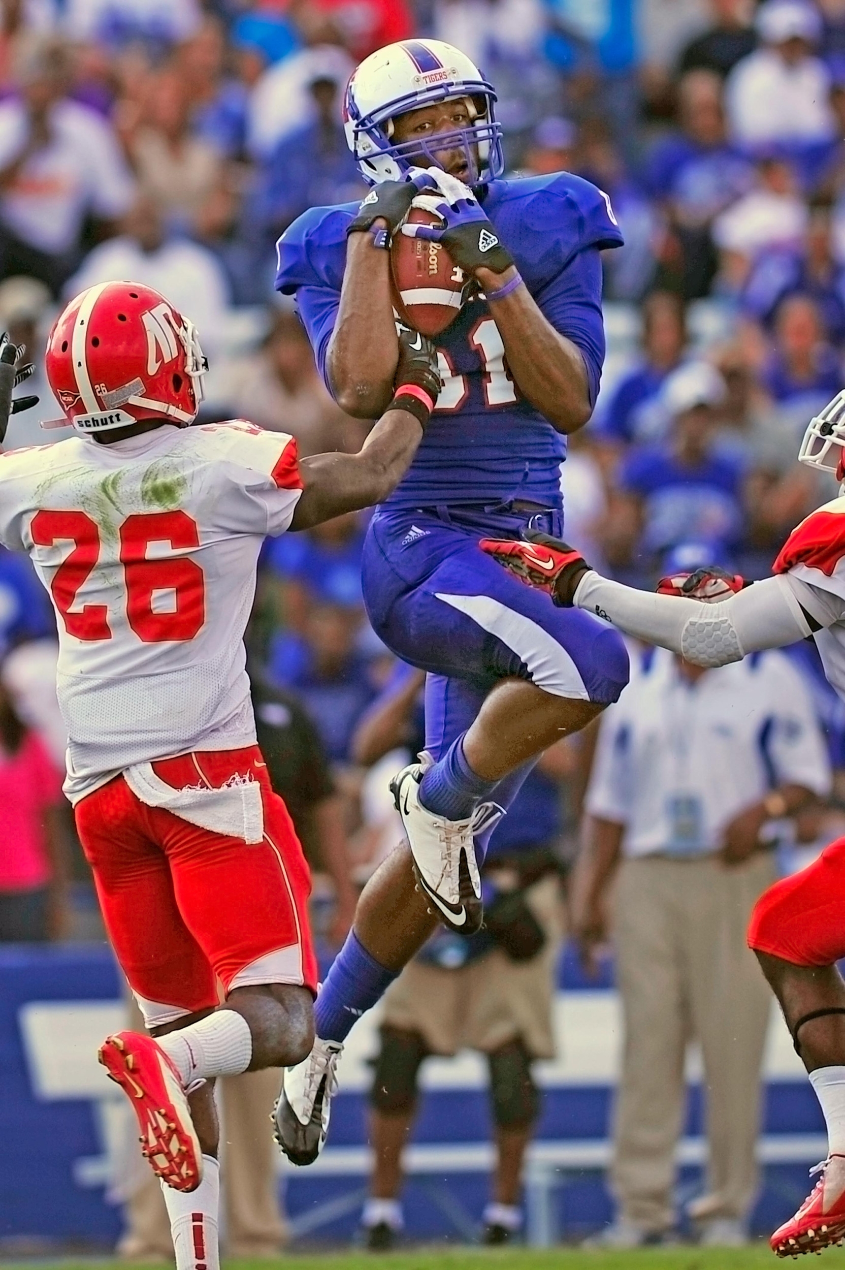  Tennessee State University’s Joe Bowens (81) pulls in a pass thrown by quarterback Michael German in the second half against Austin Peay at Hale Stadium September 15, 2012 in Nashville, Tenn.  