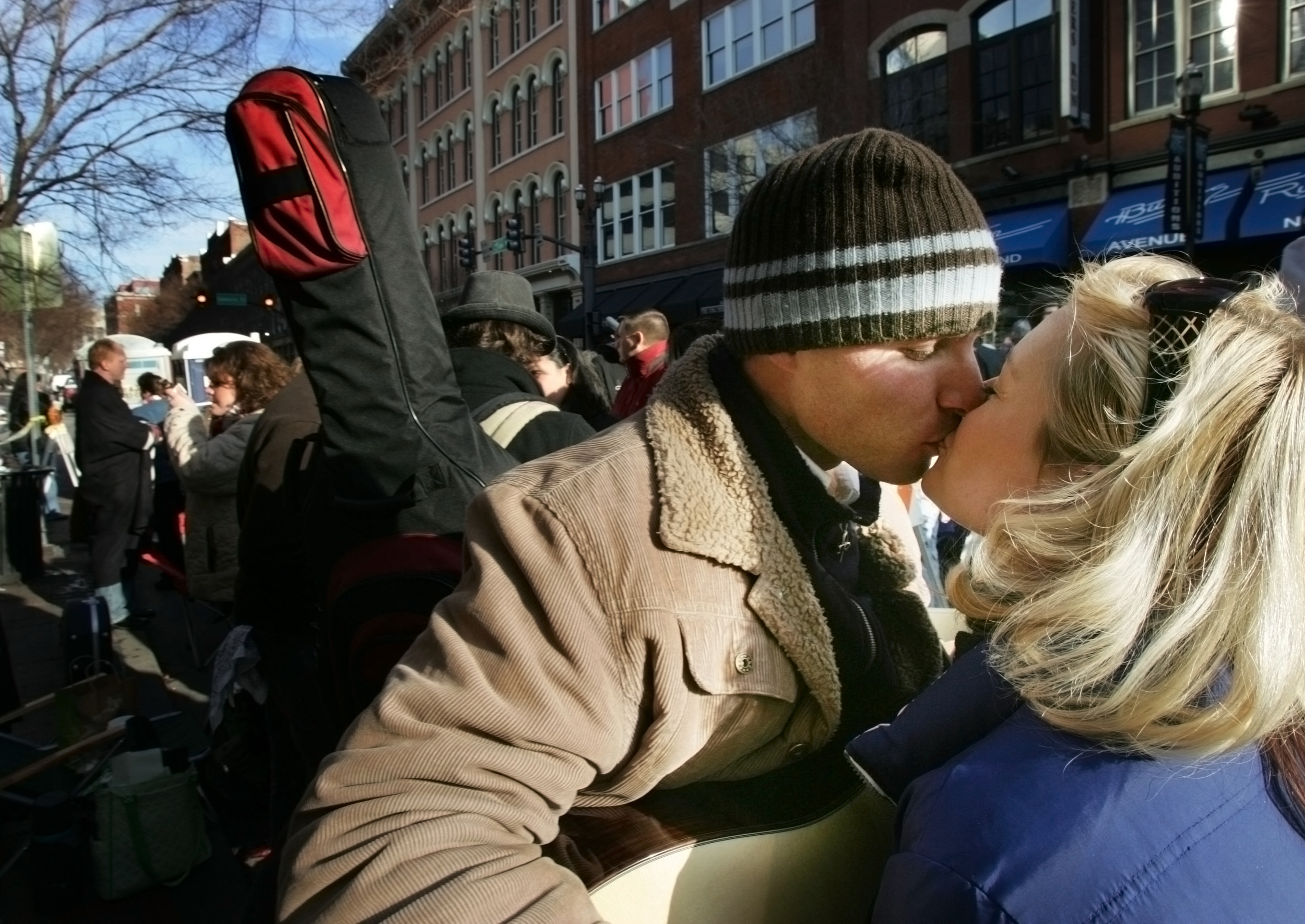  Singing partners Keesha Scott of Los Angeles, and Erik DiNardo of Boston share a friendly kiss as they wait in line downtown to audition for Can You Duet, a new talent show from American Idol producers Saturday, January 12, 2008 in Nashville, Tenn. 