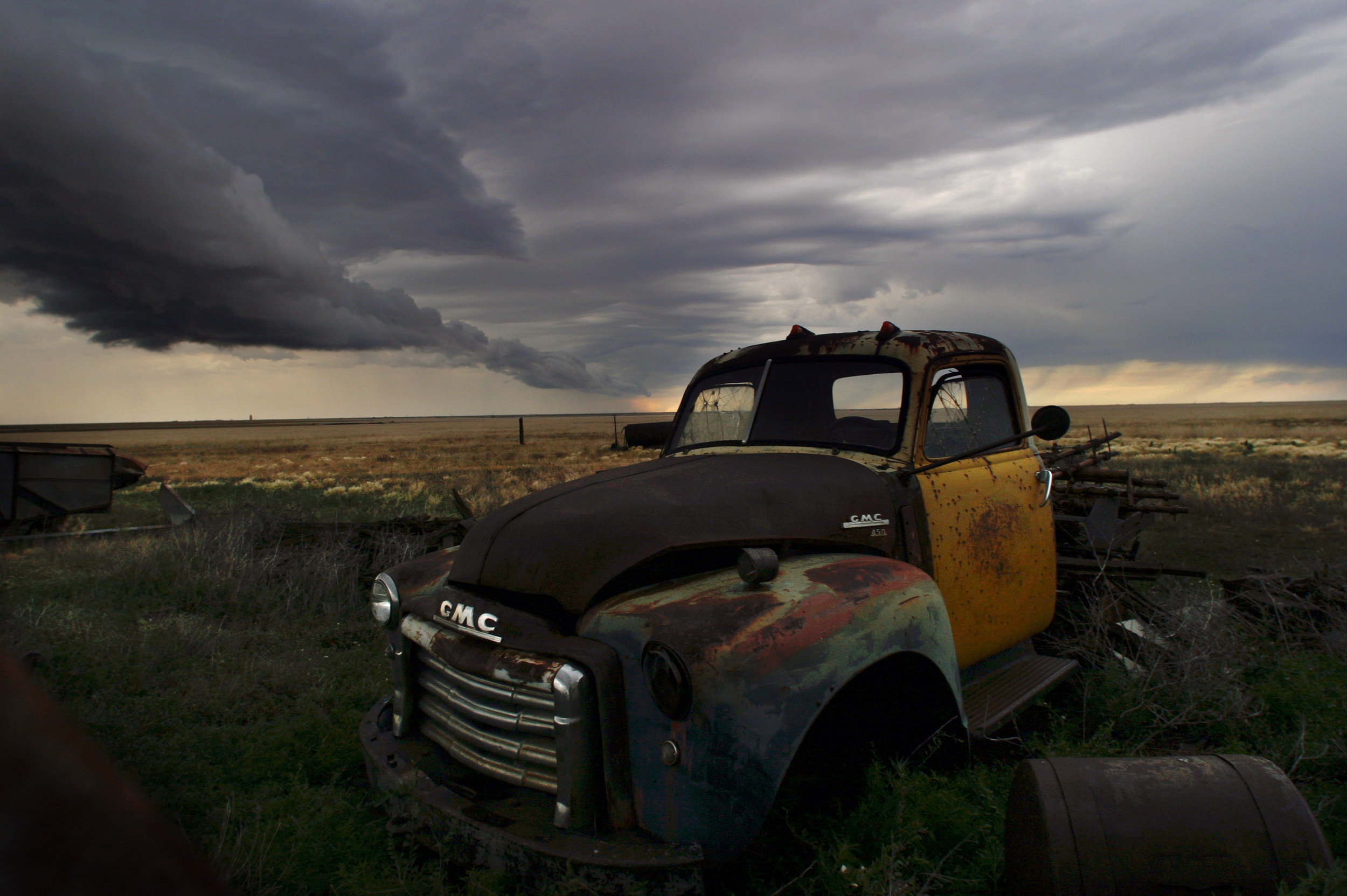  A look at America along iconic Route 66, winding from Chicago to Los Angeles.   A Texas storm blows across the prairie near an abandoned old GMC car east of Amarillo, Texas. 