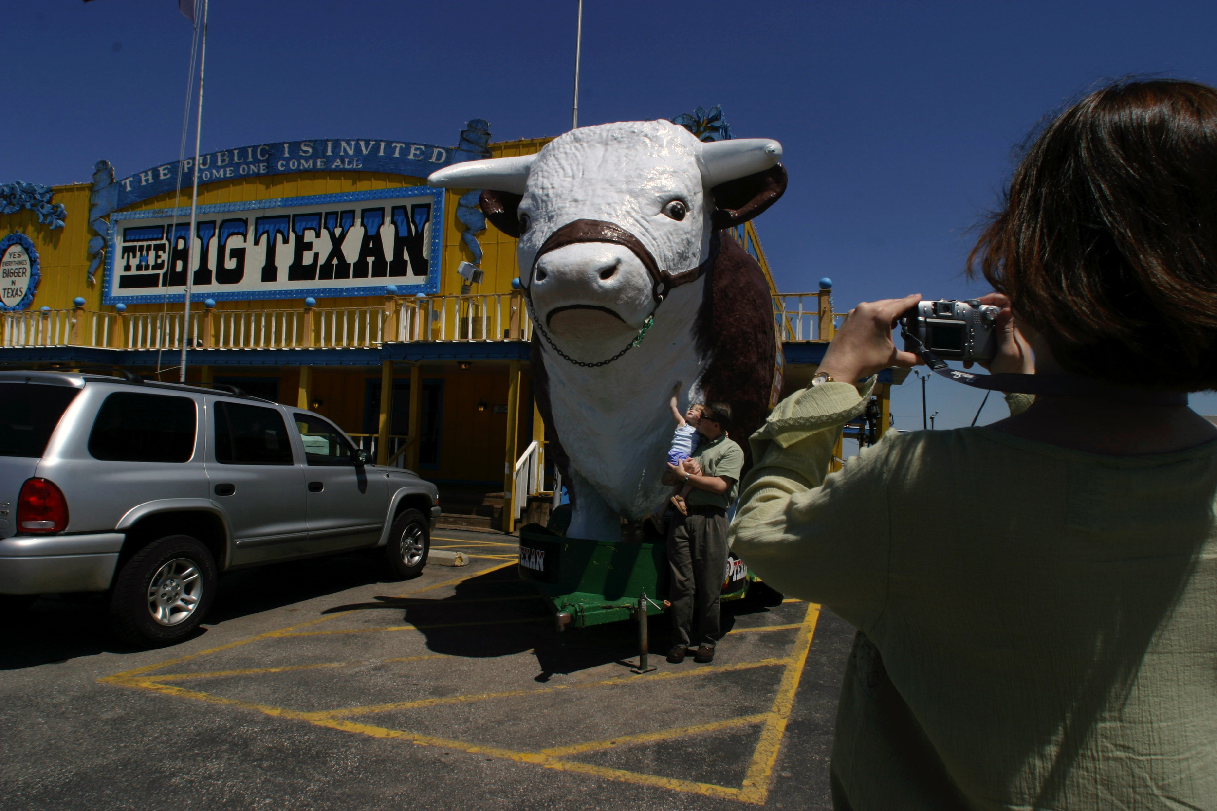  Tourists stop in at the Big Texan steakhouse to snap a photo with the giant cow in Amarillo, Texas. 