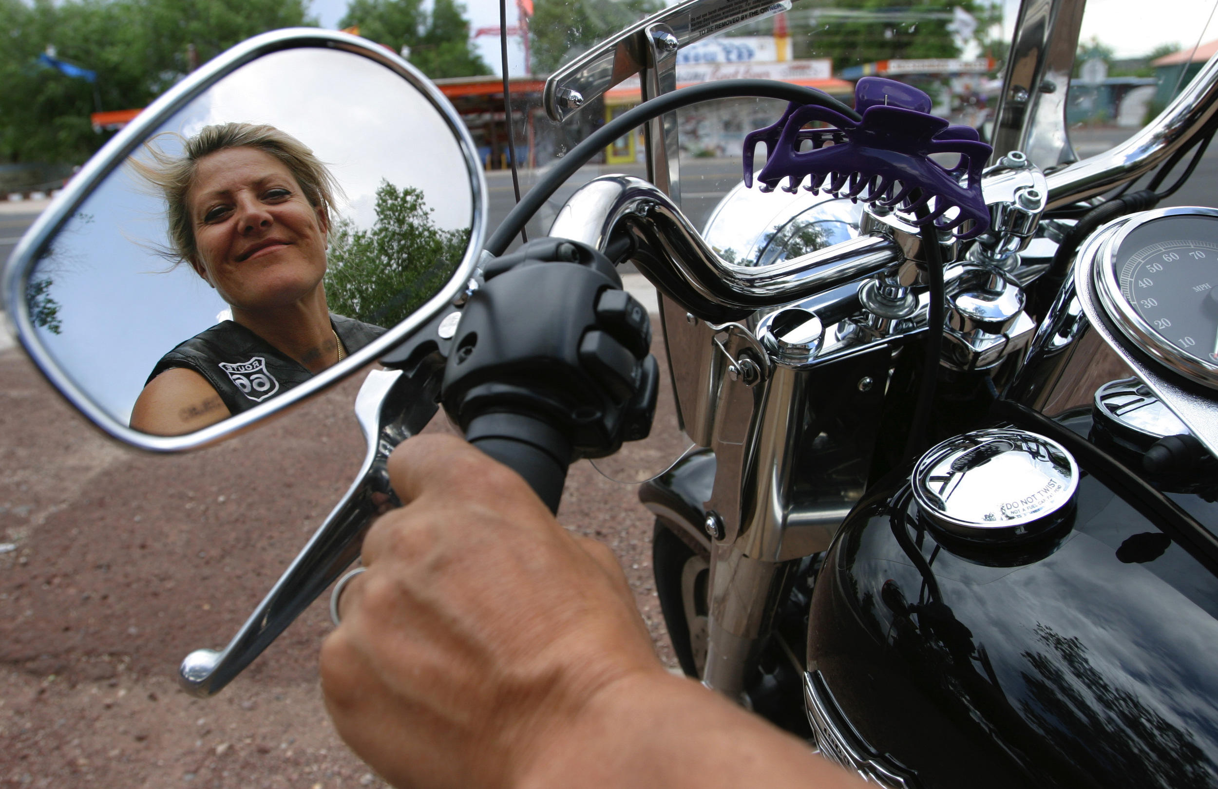  Gabrielle Ritzy of Switzerland, on her Harley Davidson in Seligman, Arizona. Ritzy is one of the many Europeans who travel to the U.S to ride Route 66. 