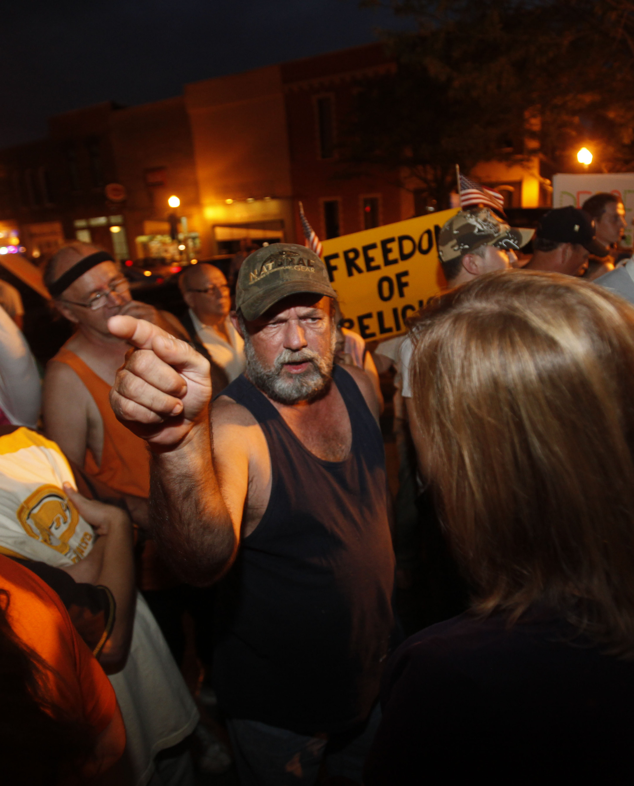  A protester argues against the proposed building of a mosque and community center in Murfreesboro, Tenn. A peace rally was held in support of the muslim community August 30, 2010 in public square. 