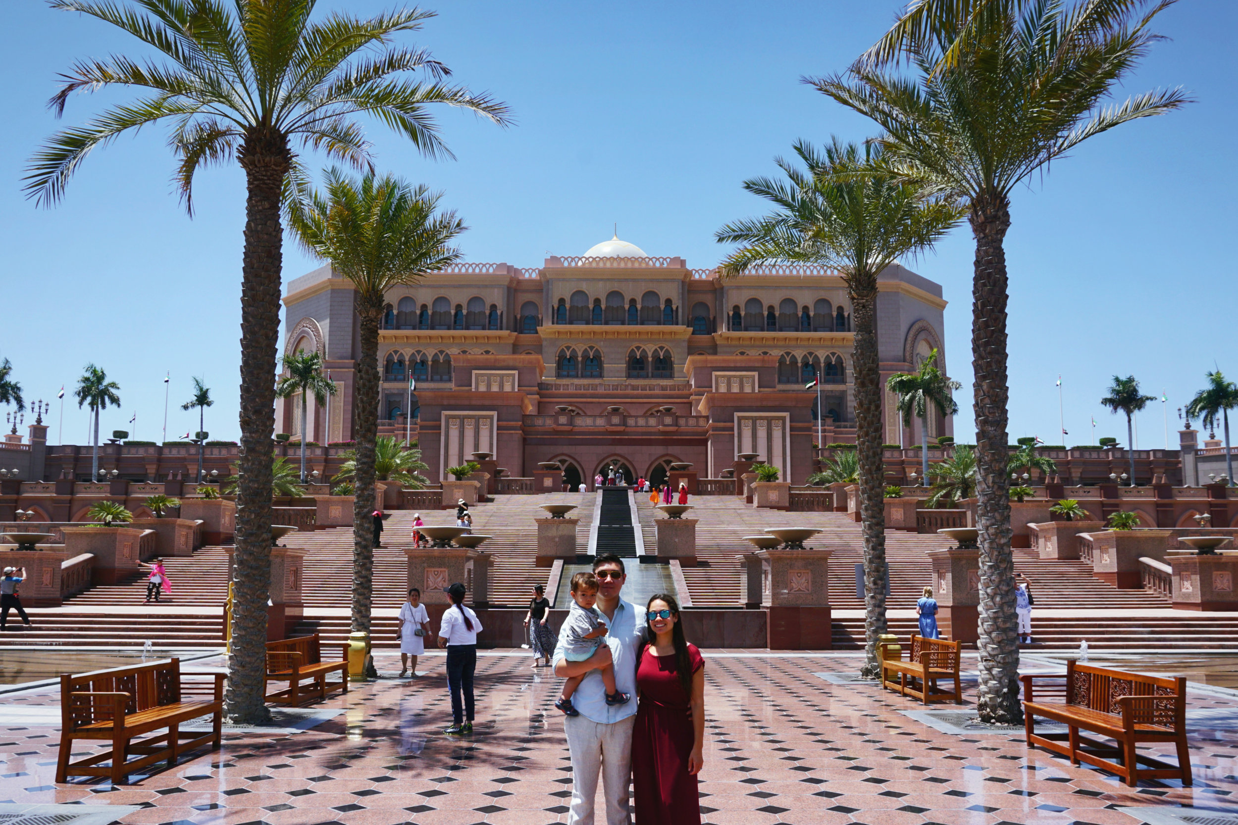 Elden (15 months old), Steve & Jessica outside Emirates Palace