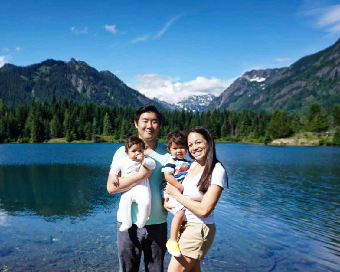 Orlo (6 months old), Steve, Elden (2 years old) & Jessica in front of beautiful Gold Creek Pond