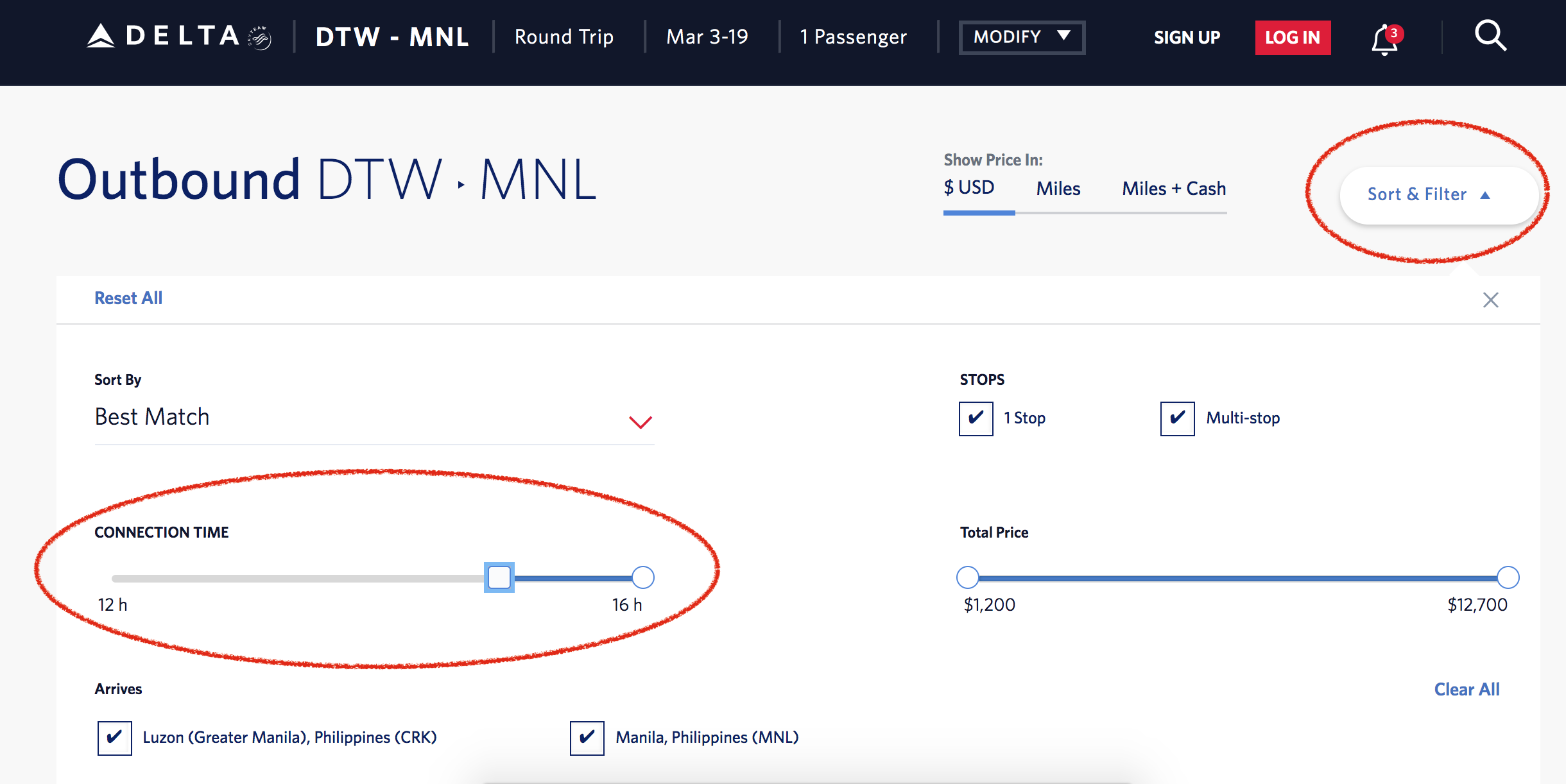 Filtering for a long layover on Delta