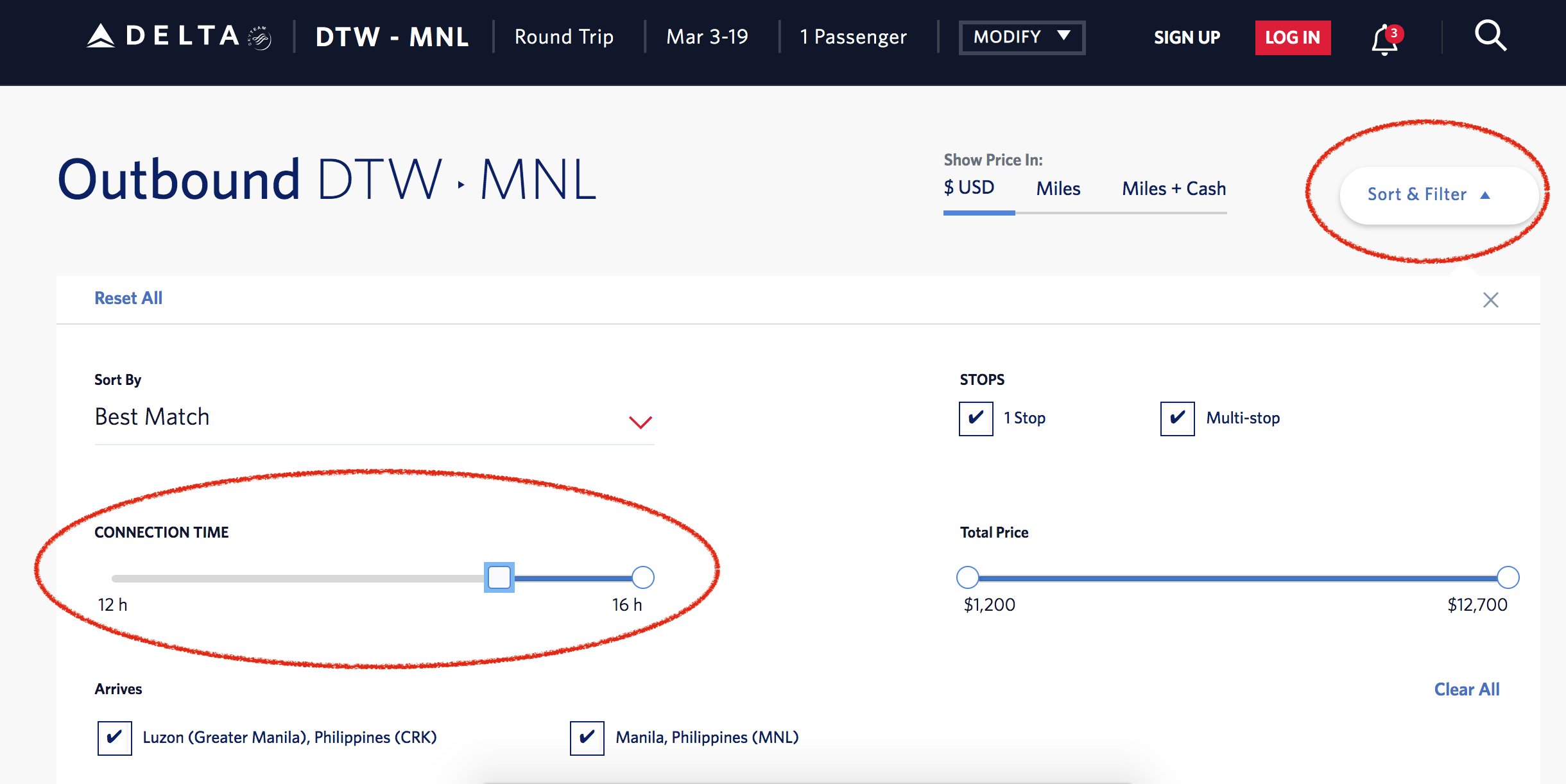  Filtering for a long layover on Delta 