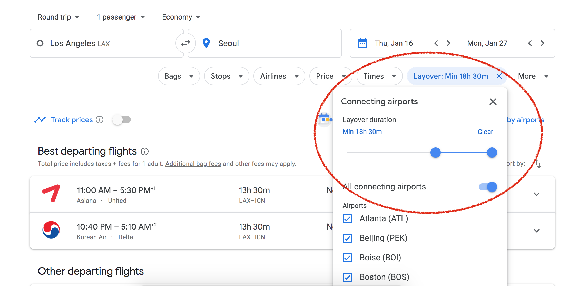 Filtering for a long layover on Google flights