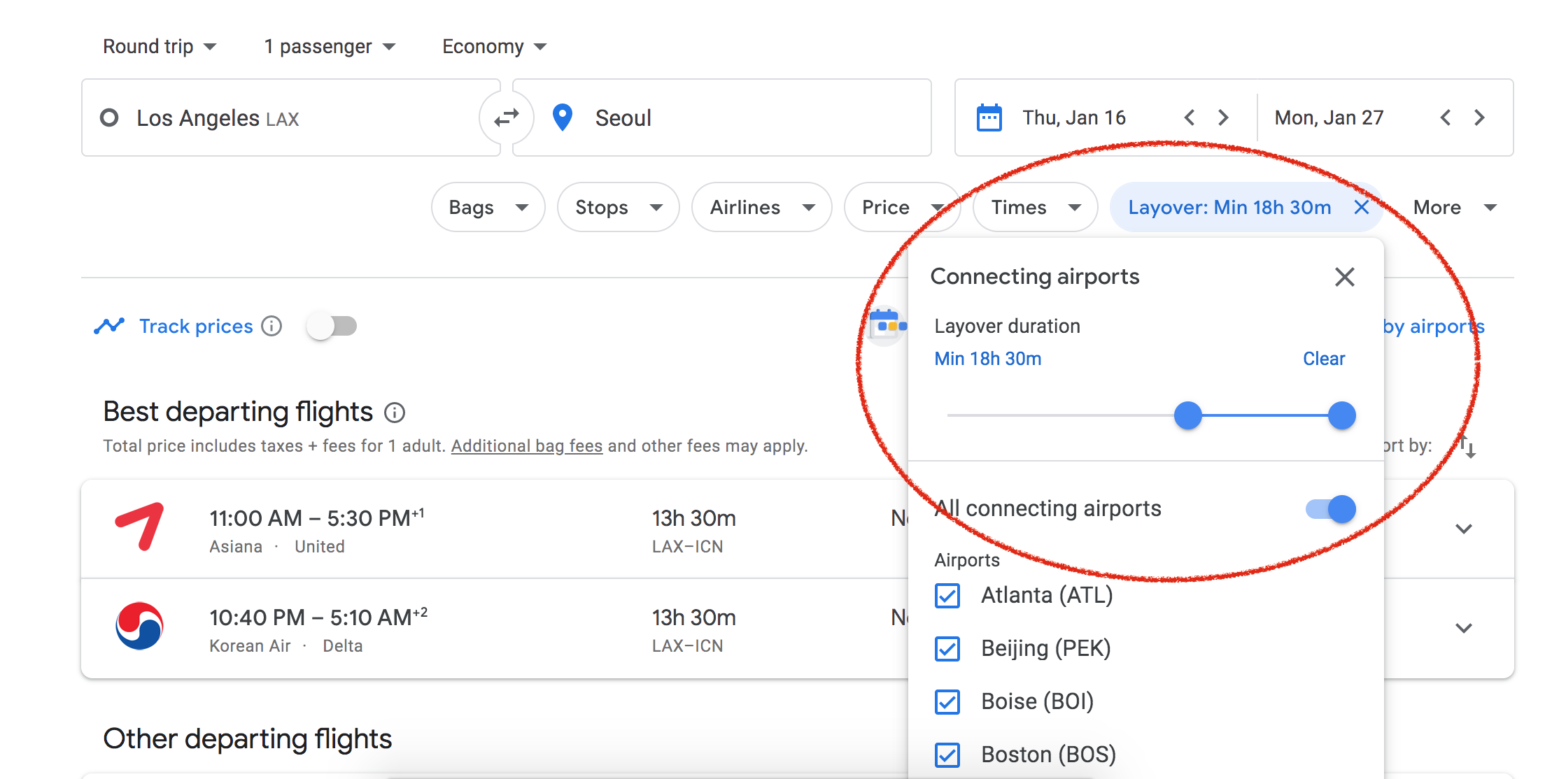  Filtering for a long layover on Google flights 