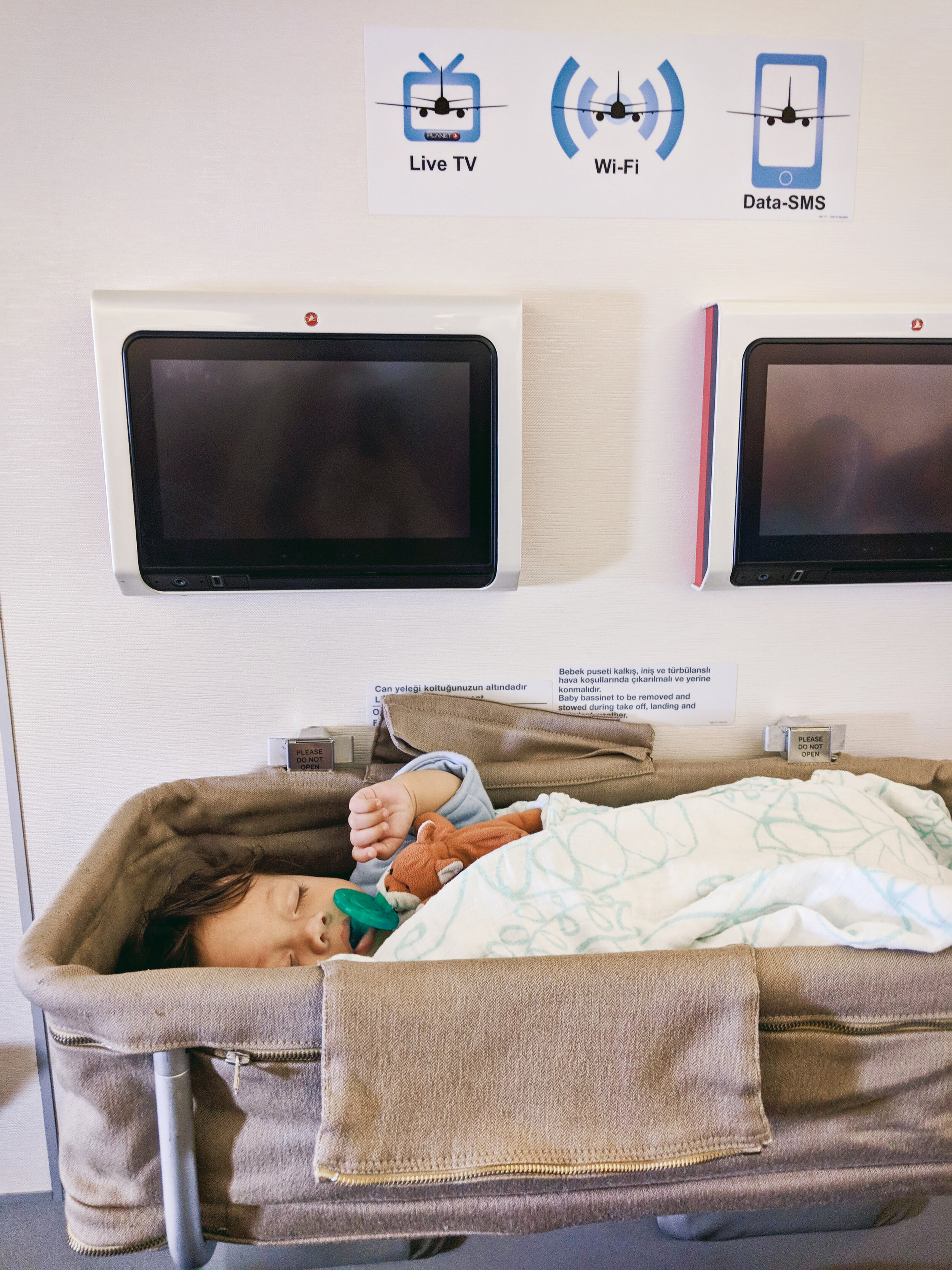  Orlo (6 months old) sleeping in baby bassinet on long-haul flight 