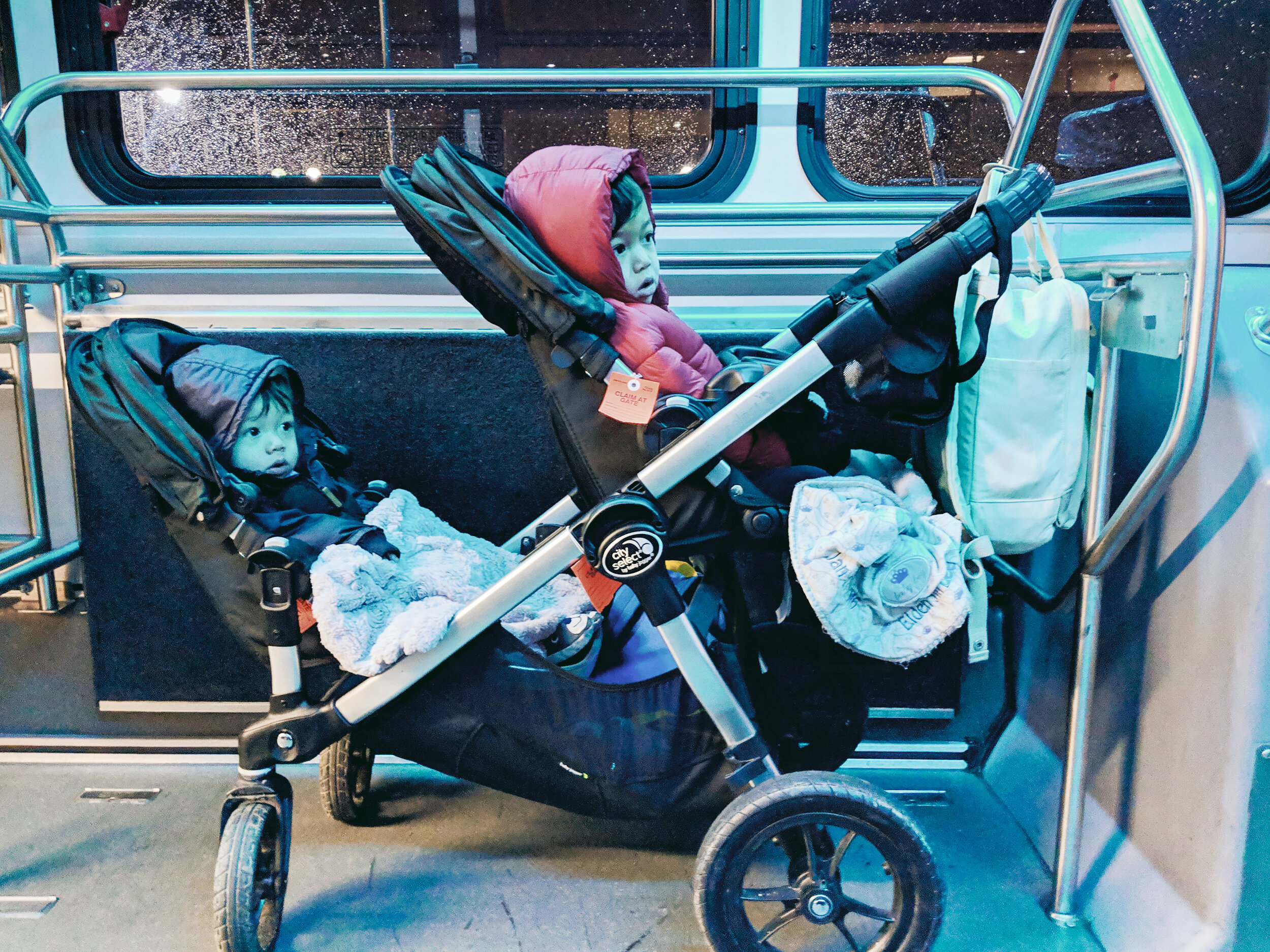  Double stroller on the airport shuttle from the parking garage to airport 