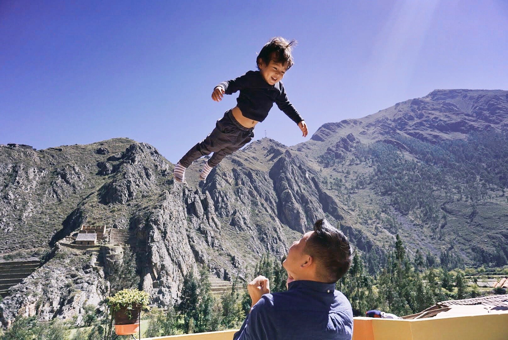 Elden (2.5 years old) flying above the Ollantaytambo Sanctuary ruins