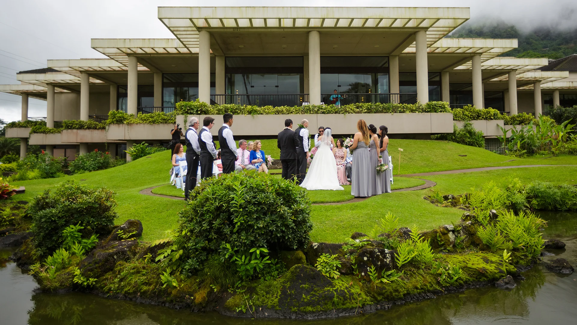 Wedding ceremony at the Koolau Ballroom’s Outdoor Garden in Hawaii.