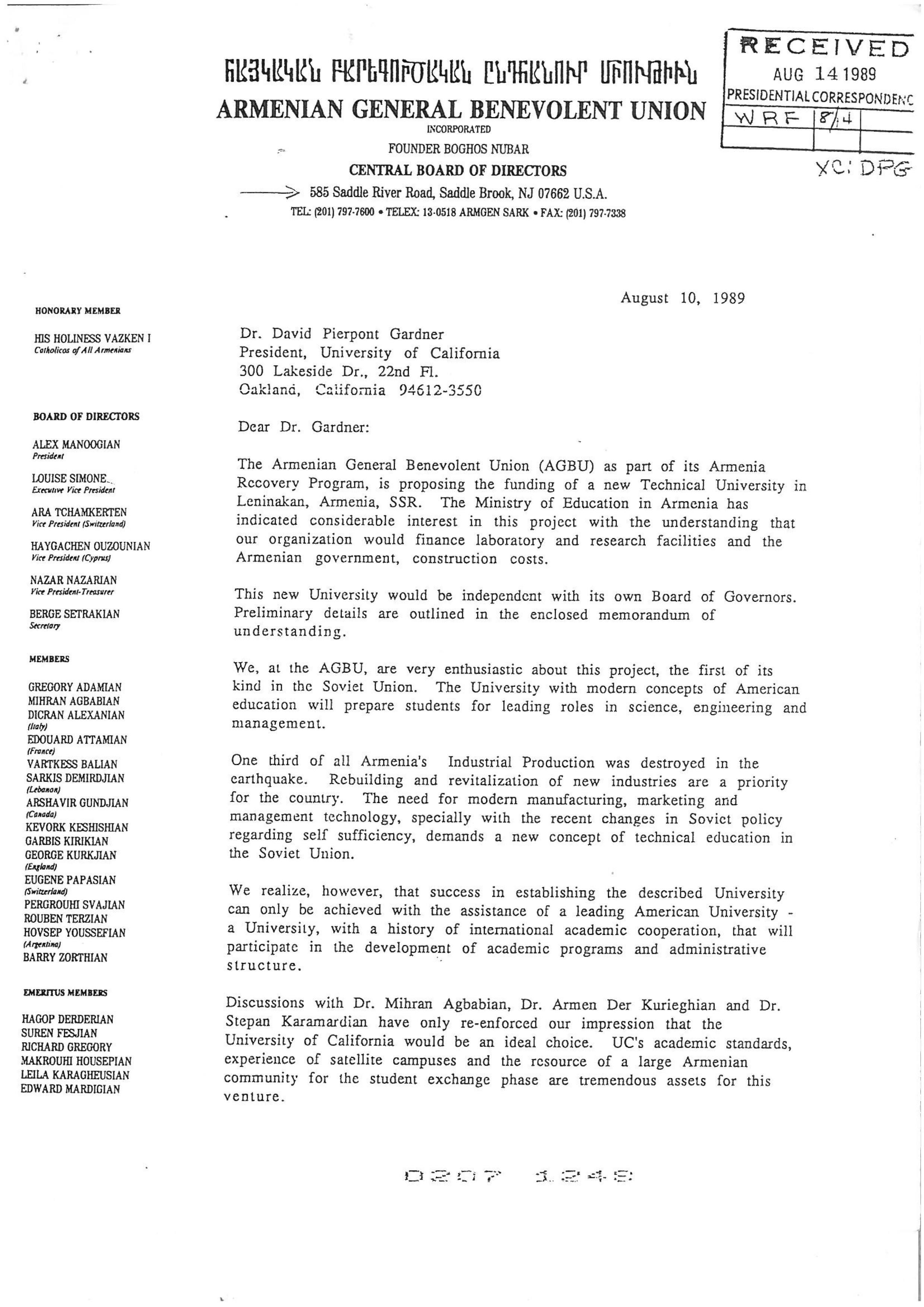 Letter sent by Louise Manoogian Simone to President, David Gartner of the University of California.