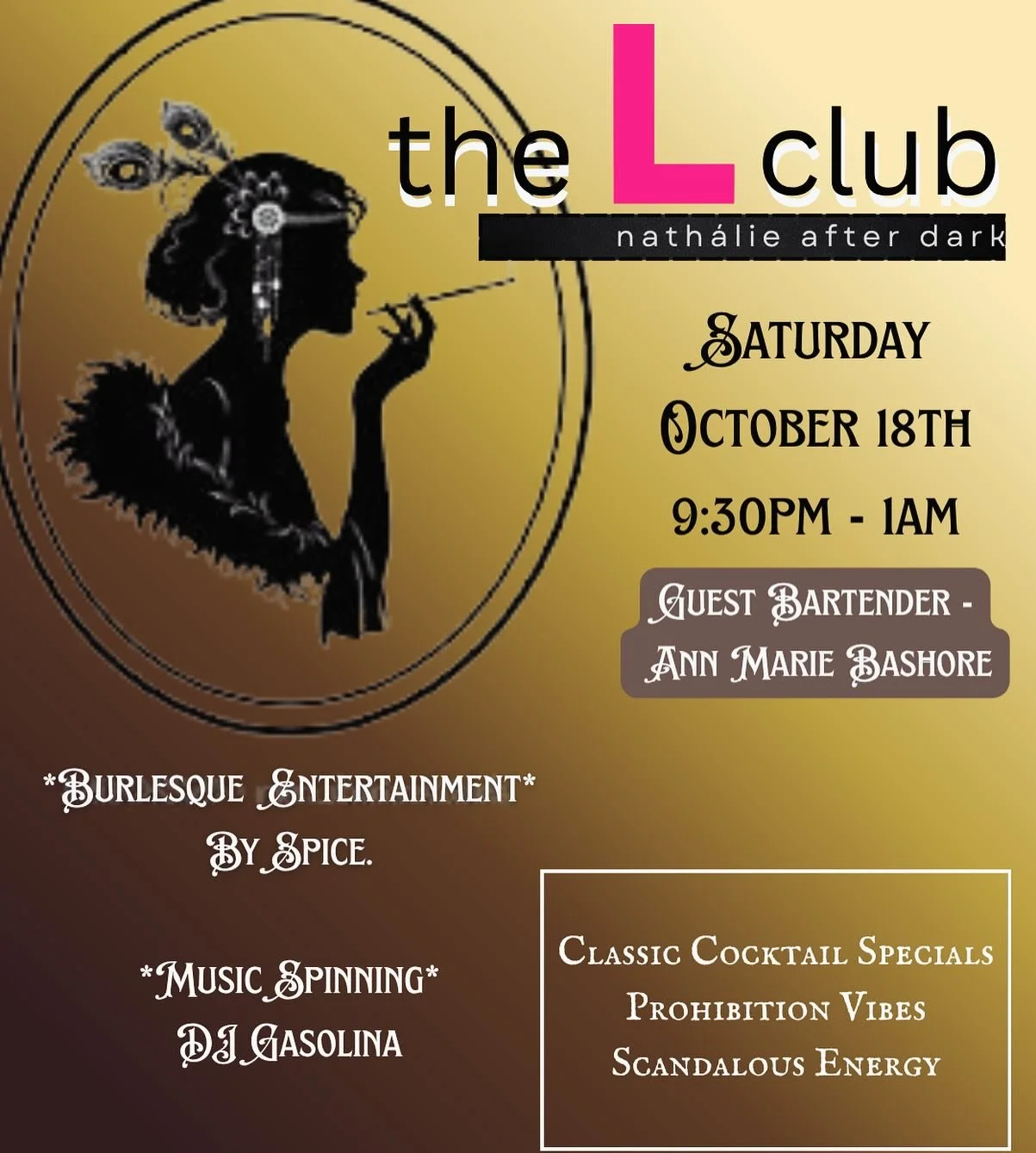 .
‼️The L Club Returns ‼️
Next Saturday, October 18th, we've got a #killer lineup of undeniable vibz! 

Guest bartender, Ann Marie Bashore (@annmariee_bee ) is switching things up and bringing us back to a time when booze was illegal, speakeasies wer