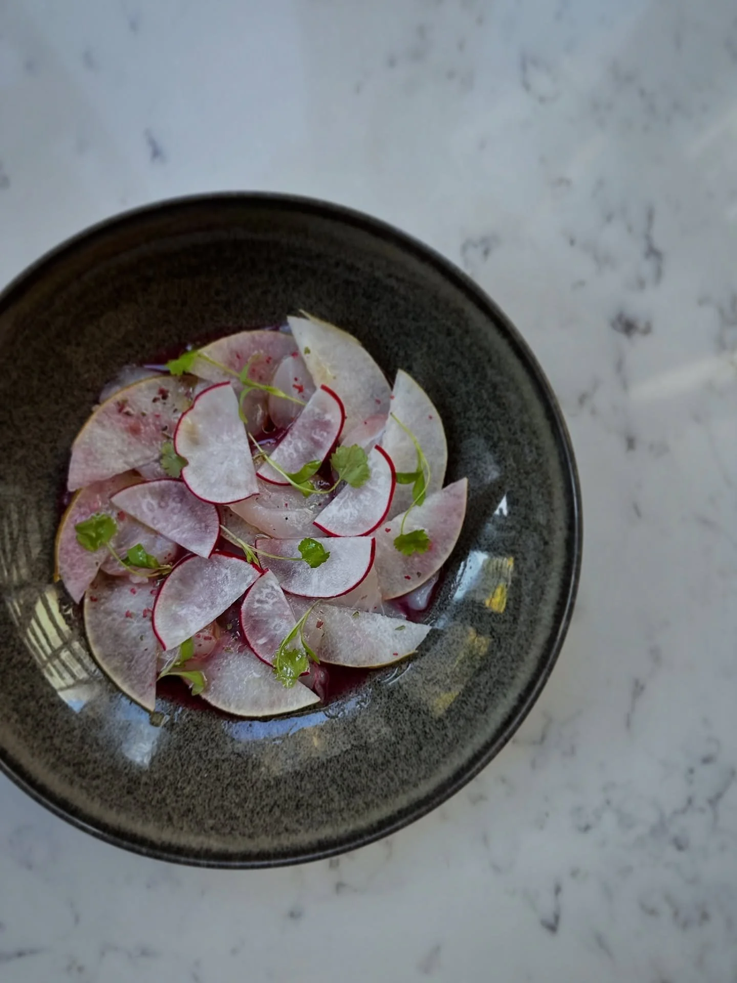 For when you want something light&hellip;but still a little extra. Red snapper crudo featuring pomegranate juice, Asian pear, thin sliced radishes, and cilantro. Crisp so fresh it&rsquo;s basically flirting with you 👀😋 Oui chef @plantainsupernova_ 