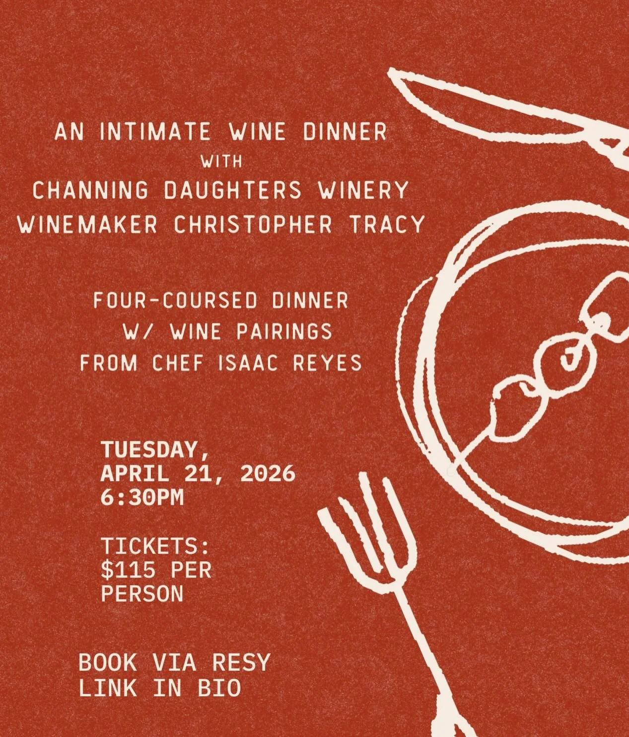 April showers bring food powers. 🙌🏼 🪫

We are thrilled to host a one-night-only collaboration with the  experts from Channing Daughters Winery for a dinner that bridges the gap between your fork  and the North Fork. This isn&rsquo;t your typical s