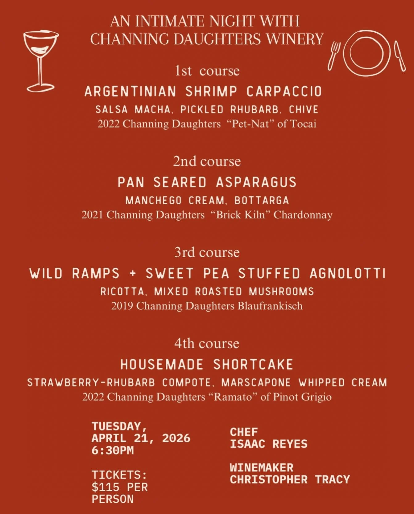 .
 Get ready&mdash;Channing Daughters Winery is taking over for one night only and we've  curated a 
B R E A T H T A K I N G  menu of culinary treats, designed specifically to pair with their iconic  juice 🙌🏼 

Chef @plantainsupernova_ has built a 