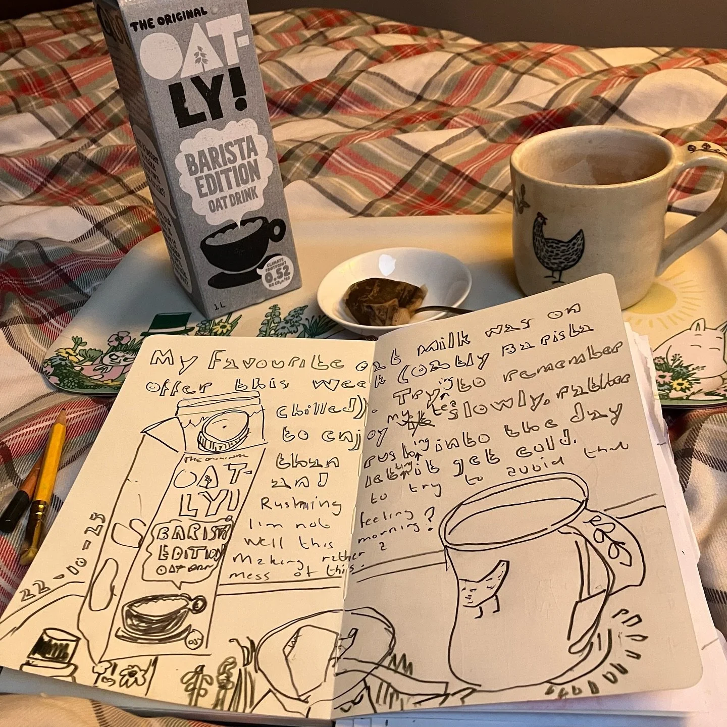 Here&rsquo;s today&rsquo;s tea-tray drawing. It&rsquo;s been quite a while since shared anything here, but I&rsquo;d thought I&rsquo;d dip my toes back in back in today. 

The text on the drawing reads:

&ldquo;My Favourite oat milk was on offer this