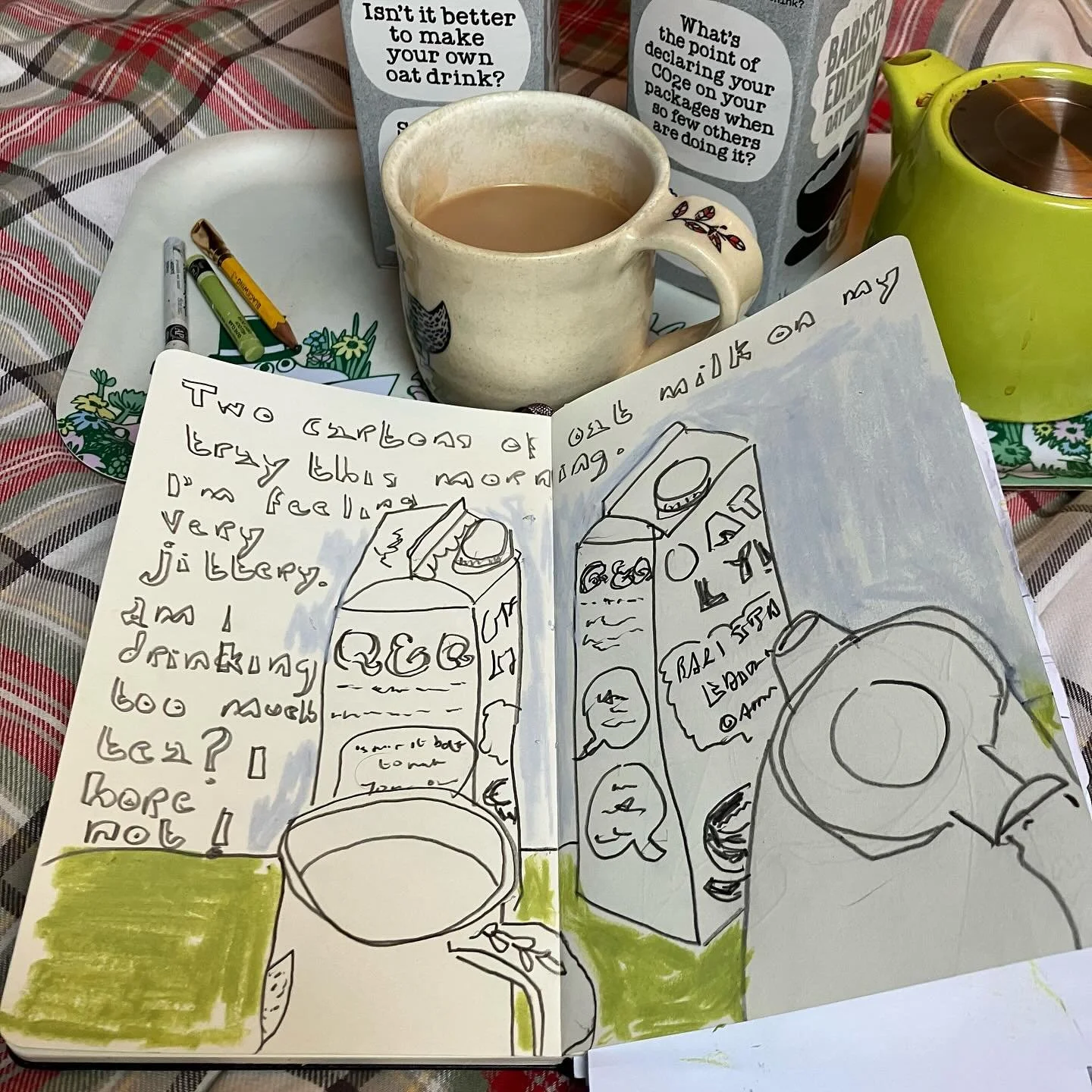 Here&rsquo;s today&rsquo;s Tea-Tray drawing. The text reads:

&ldquo;Two cartons of oat milk on my tray this morning.
I&rsquo;m feeling very jittery.
Am I drinking too much tea? I hope not.&rdquo;

Often (usually?) my drawings are simply a record of 