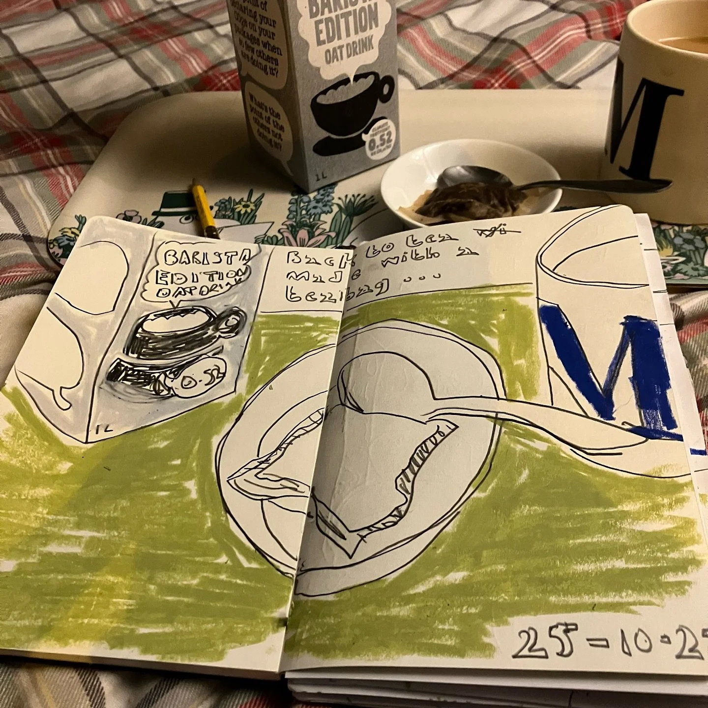 Here’s today’s Tea-Tray drawing. The text reads:
“Back to tea made with a teabag...”
It almost feels like the drawing is sighing along with me. Recovery, it seems, isn’t all in one direction...
Go gently ❤️🐌