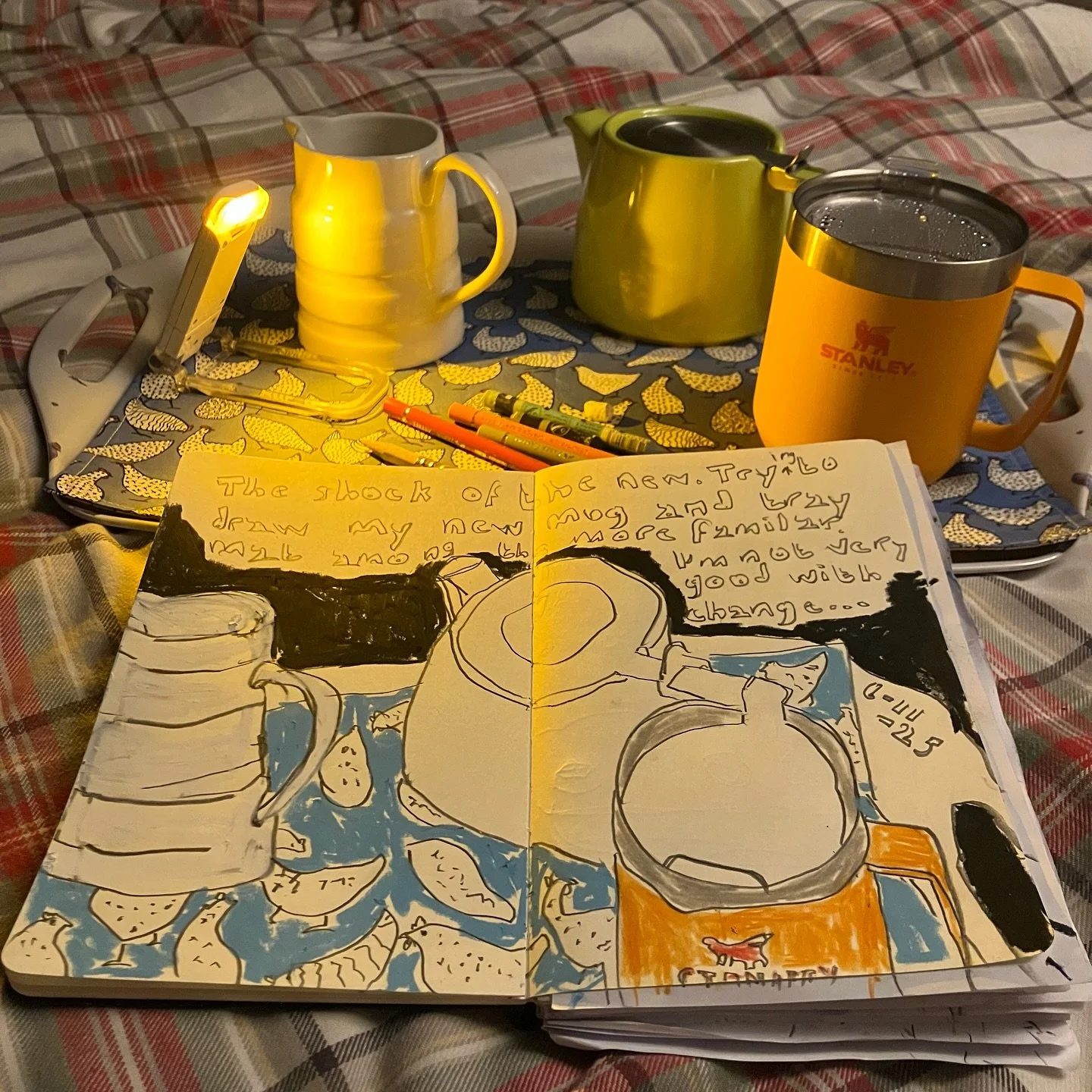 There are two new things on my tea-tray this morning. The beautiful tray mat was a thoughtful gift from a friend (thank you @peterbryenton!) and I&rsquo;m hoping that the bright orange insulated mug will mean I&rsquo;ll no longer have to drink cold t